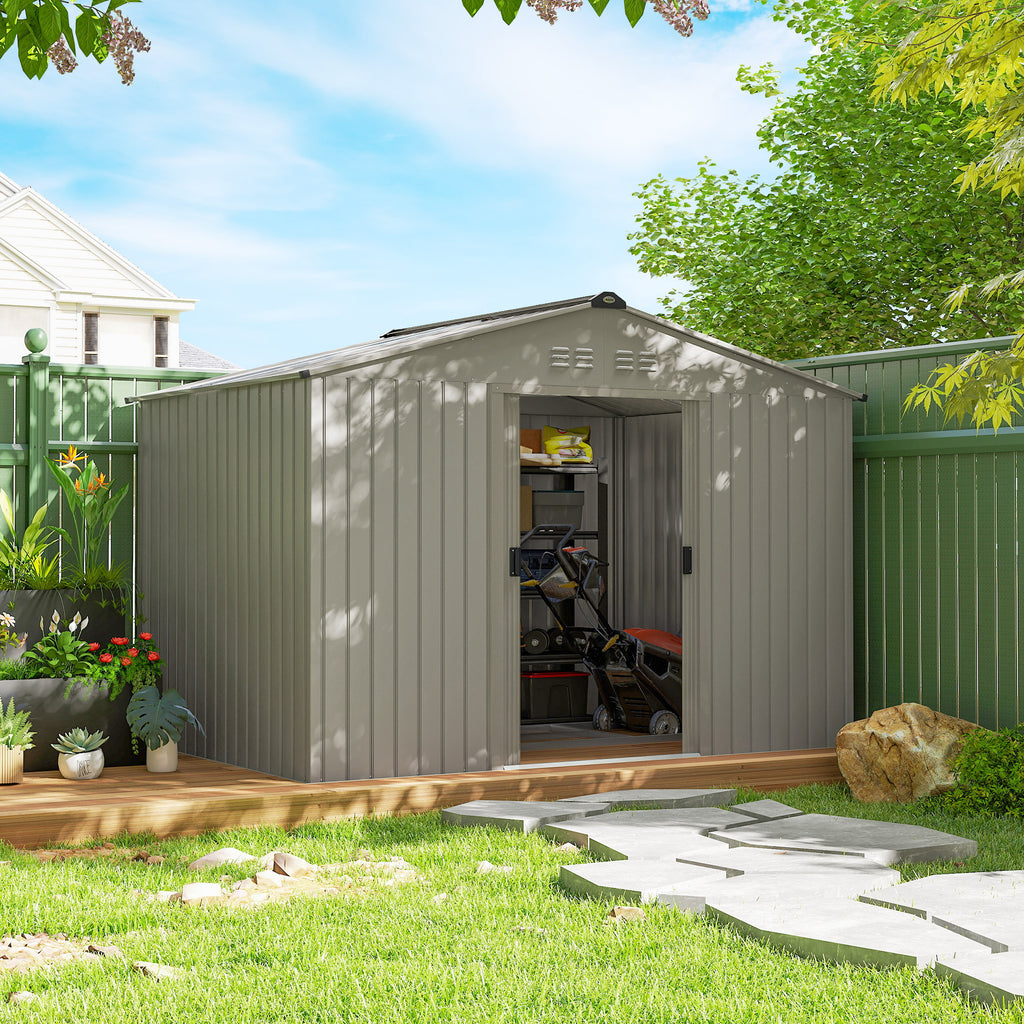 9.1' x 6.4' x 6.3' Garden Storage Shed w/ Foundation Kit Metal Tool Storage House w/ Double Doors Grey