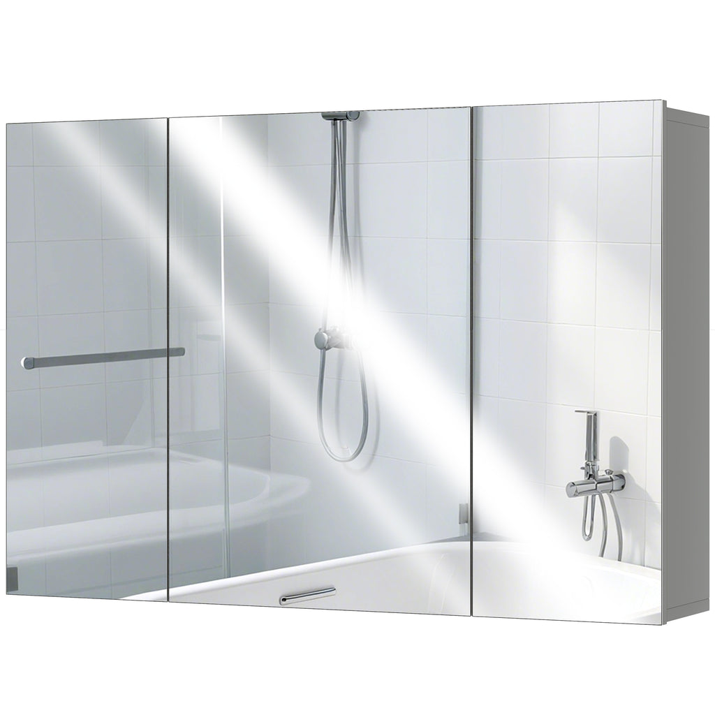 35" x 24" Wall Mounted Mirror Cabinet, Bathroom Medicine Cabinet with Mirror, 3 Doors and Adjustable Shelves, Grey