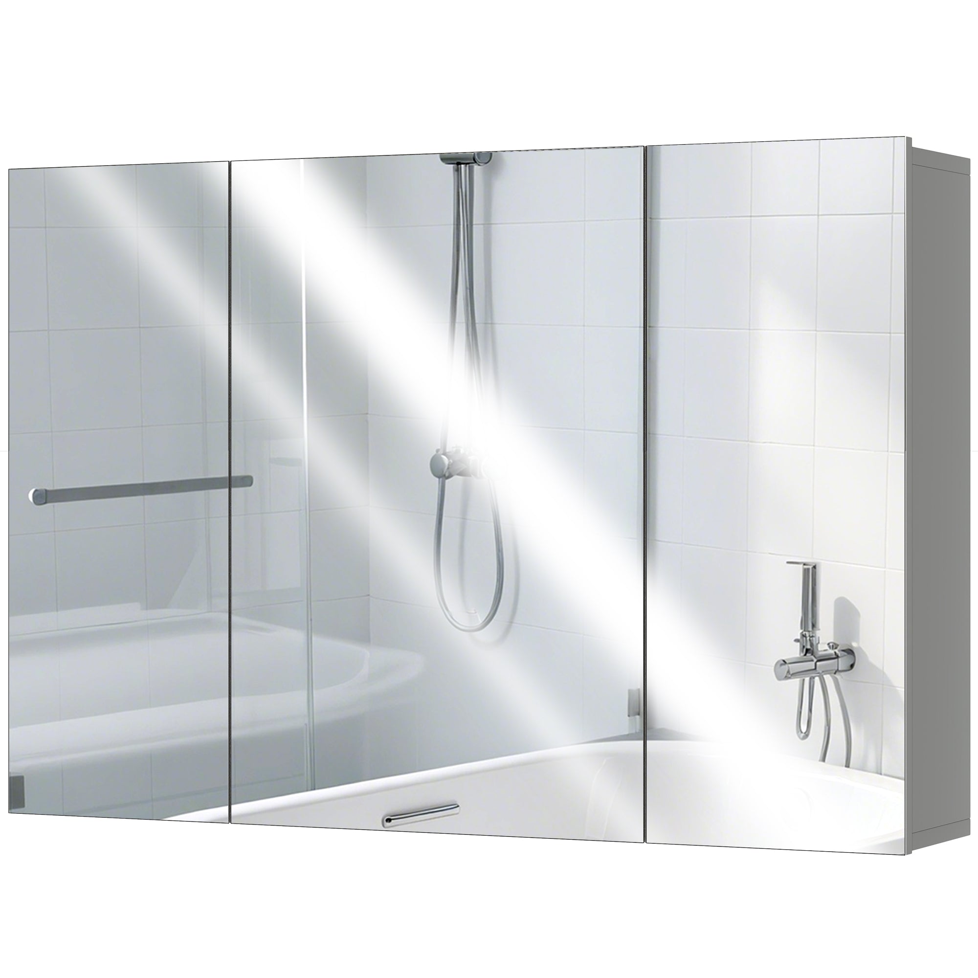 35" x 24" Wall Mounted Mirror Cabinet, Bathroom Medicine Cabinet with Mirror, 3 Doors and Adjustable Shelves, Grey