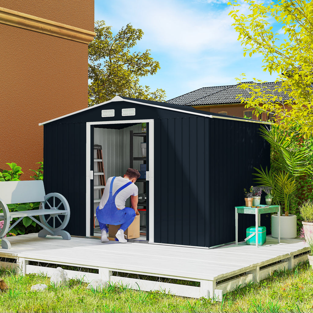9.1'x6.4'x6.3' Garden Storage Shed w/ Foundation Kit Metal Tool Storage House w/ Double Doors Dark Grey