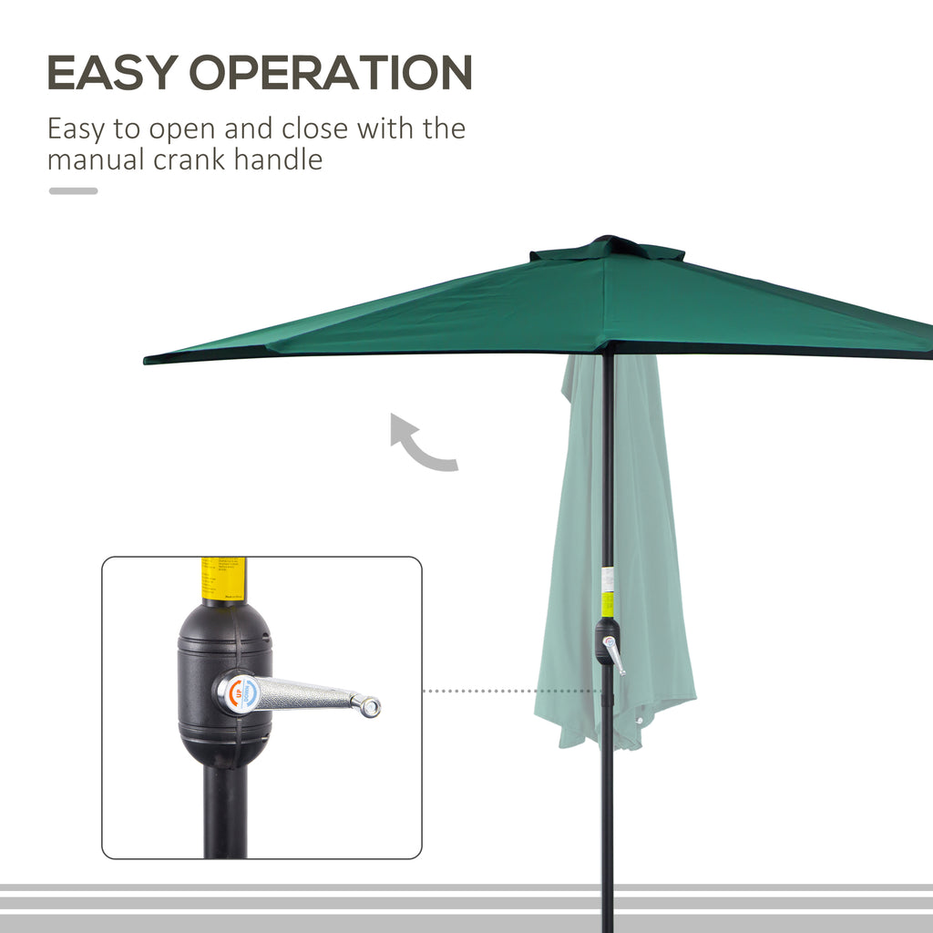 9ft Half Round Patio Umbrella, Outdoor Market Patio Table Umbrella Parasol with Crank Mechanism, 5 Ribs, Dark Green