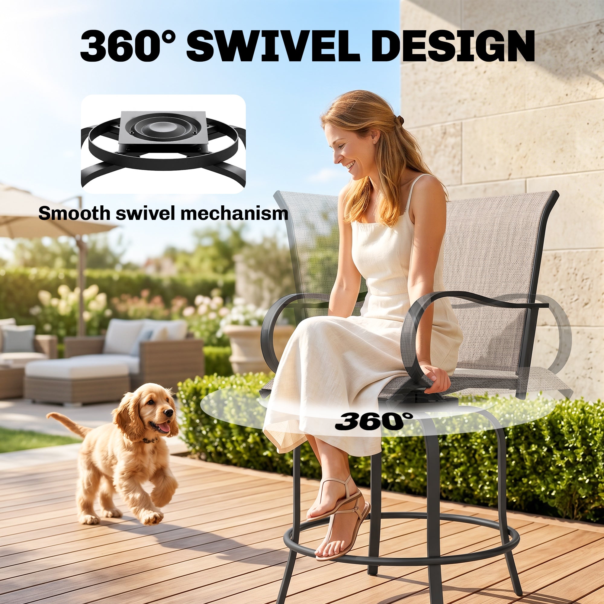 Outdoor Bar Stools Set of 2, 360Â° Swivel Bar Height Chairs, 26.8" x 29.5" x 48.4", Tan