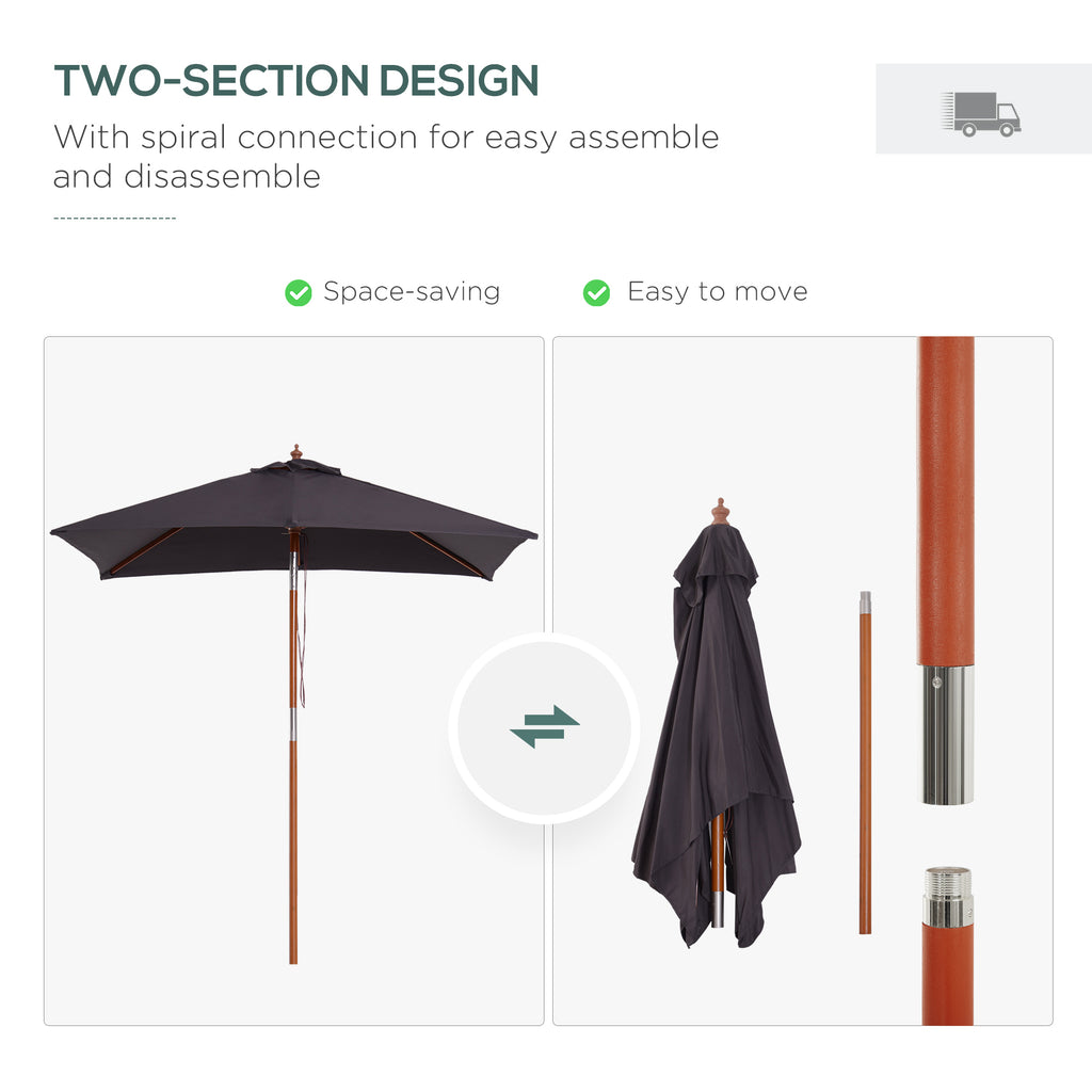 6.6x5ft Square Market Parasol, Wooden Patio Umbrella with Tilt Mechanism and 6 Bamboo Ribs, Garden Sunshade, Dark Grey