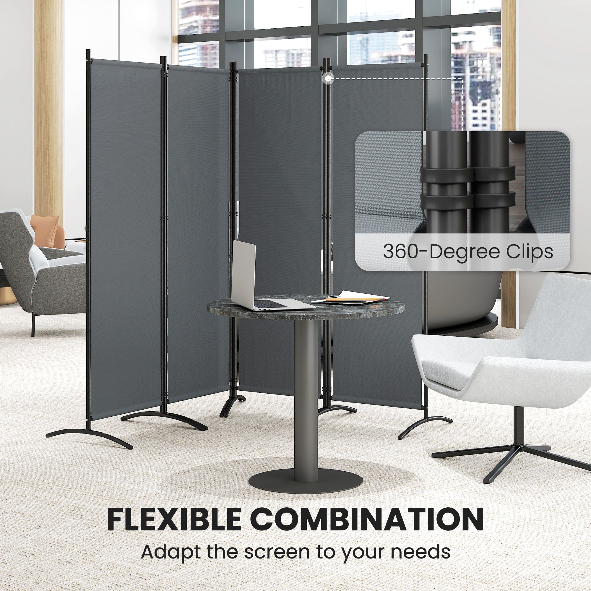 Folding Room Divider, Privacy Screen for Home Office Bedroom, 5.6FT Tall, Dark Grey