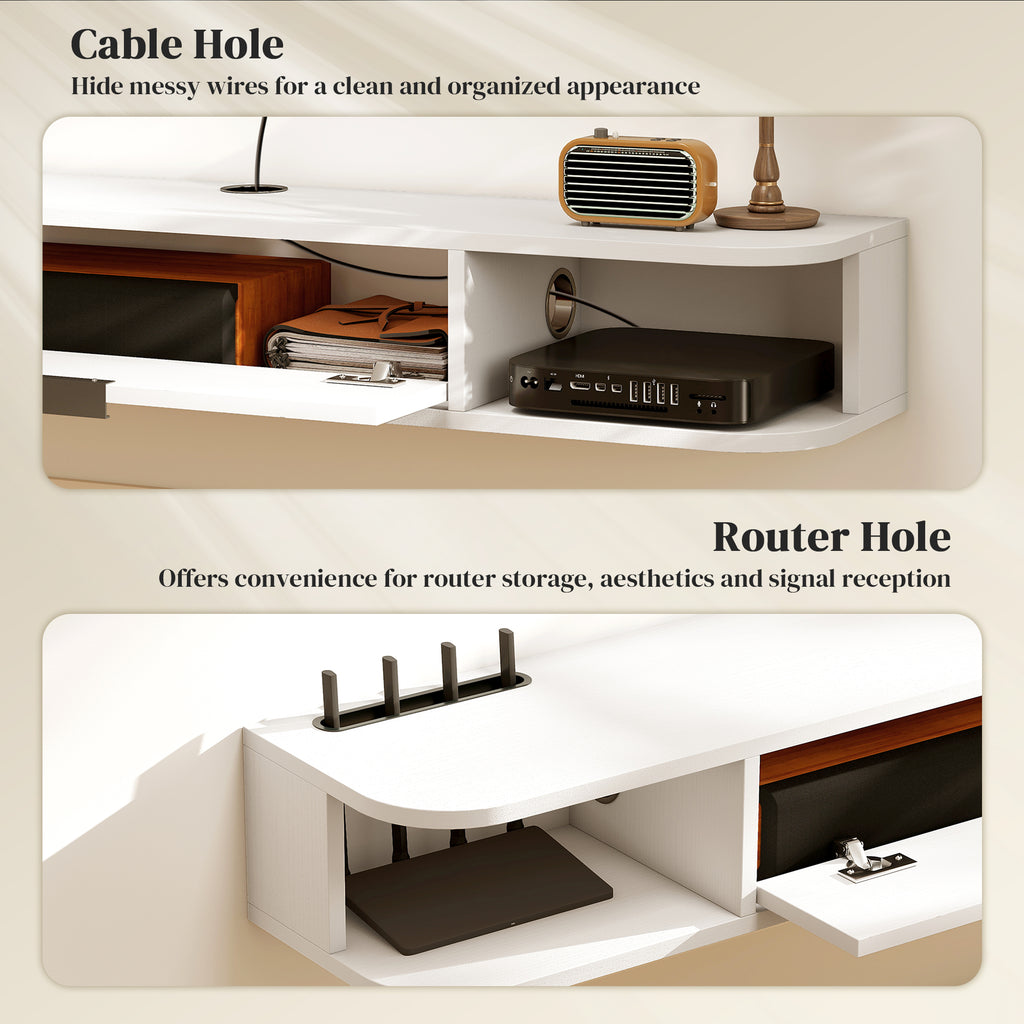 47" Floating TV Stand for TVs up to 50 Inch, Wall Mounted Media Console with Flip Drawer and 2 Open Shelves, White