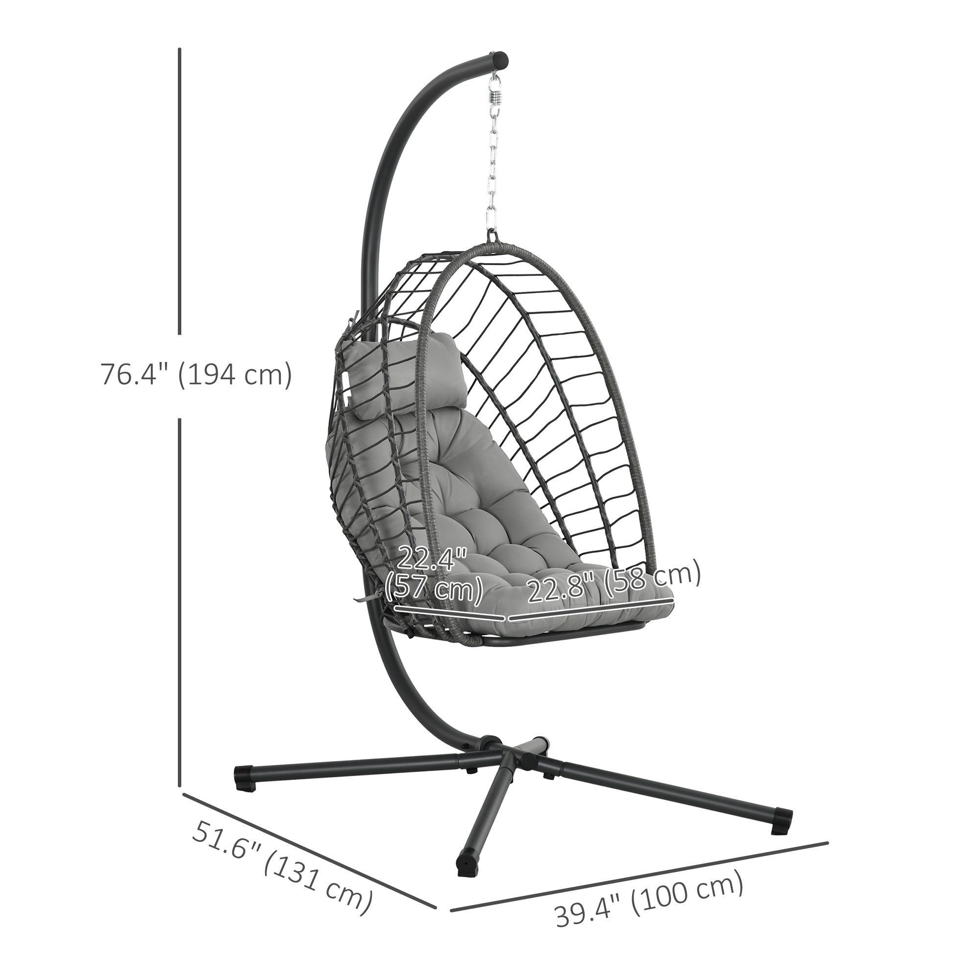 Hanging Egg Chair with Stand, Foldable Wicker Rattan Swing Chair with Thick Cushion, Light Grey