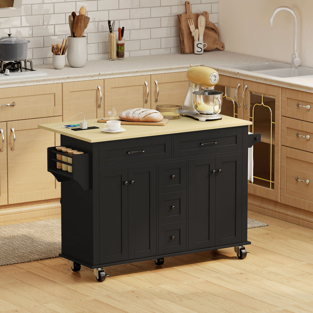 Kitchen Island Cart with Power Outlet & Drop Leaf, 55" Rolling Kitchen Island on Wheels with Storage, Black