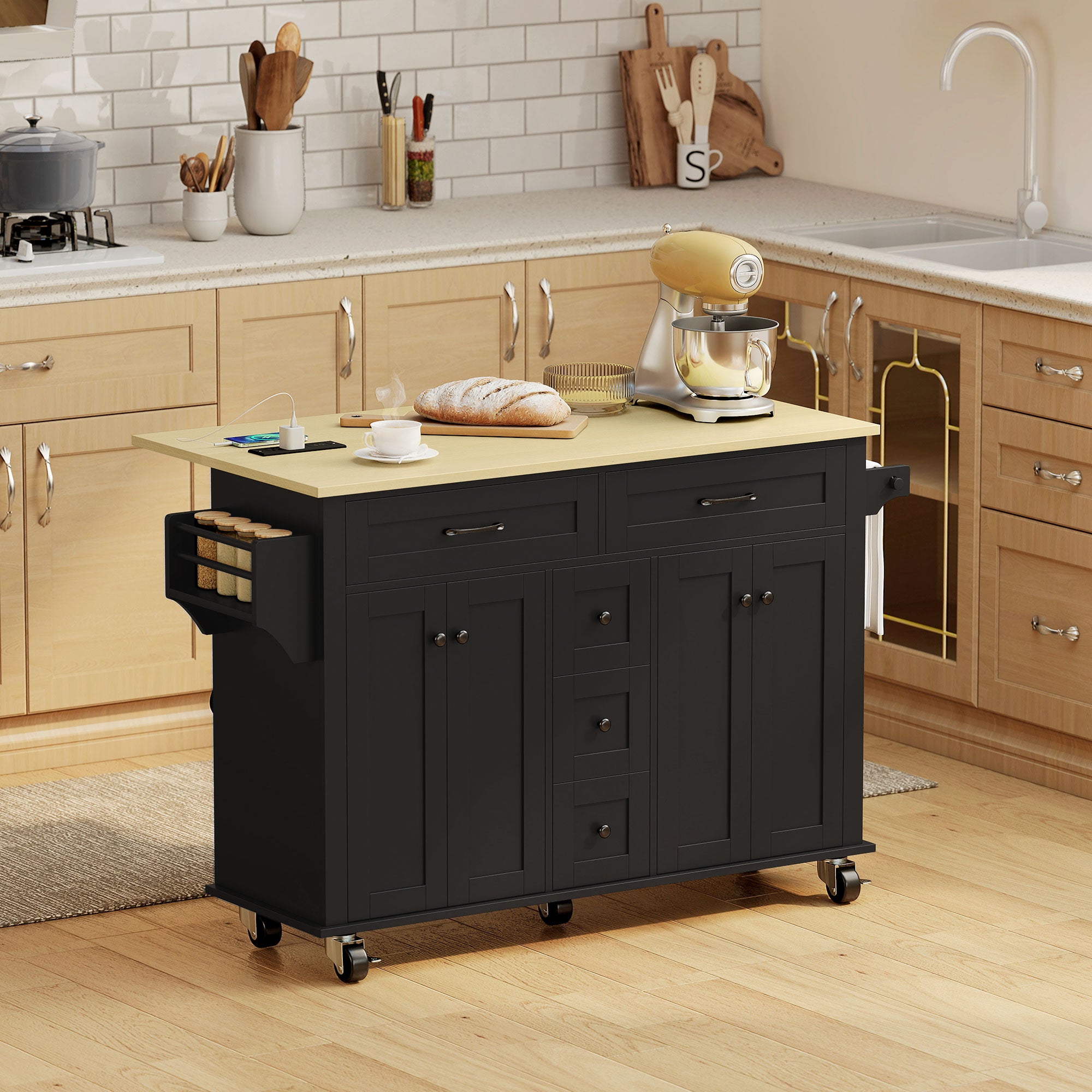 Kitchen Island Cart with Power Outlet & Drop Leaf, 55" Rolling Kitchen Island on Wheels with Storage, Black