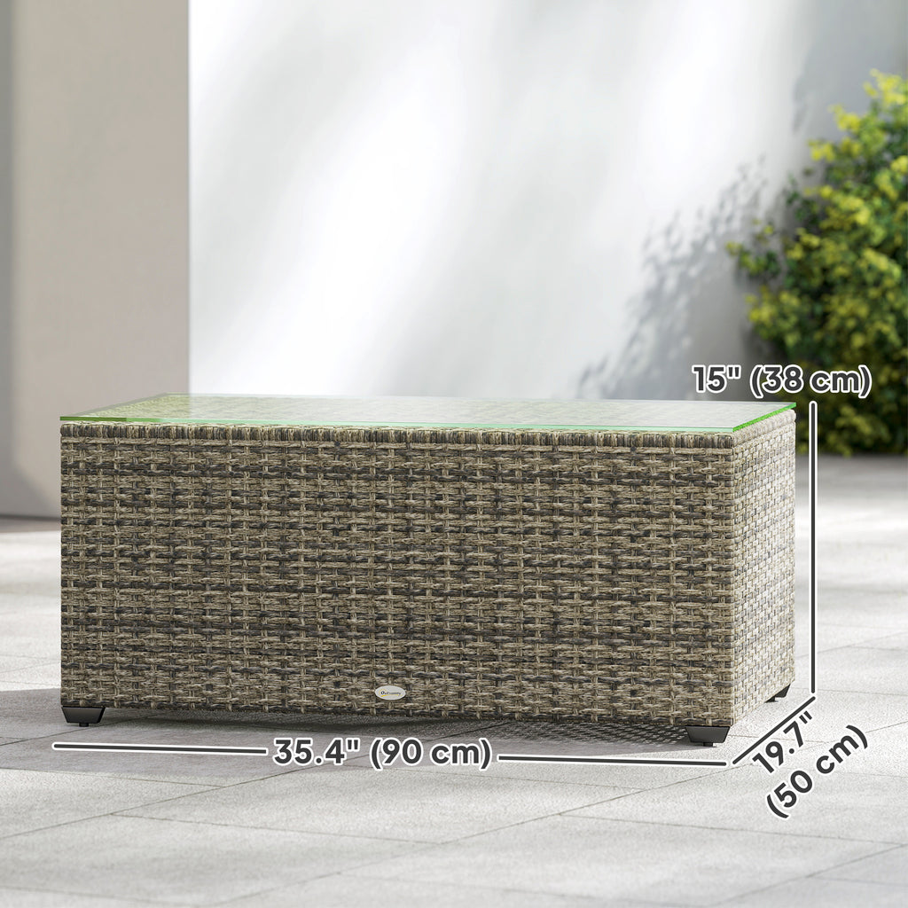 Wicker Outdoor Coffee Table, PE Wicker Rectangular Patio Table with Tempered Glass Top for Garden, Balcony, Dark Grey