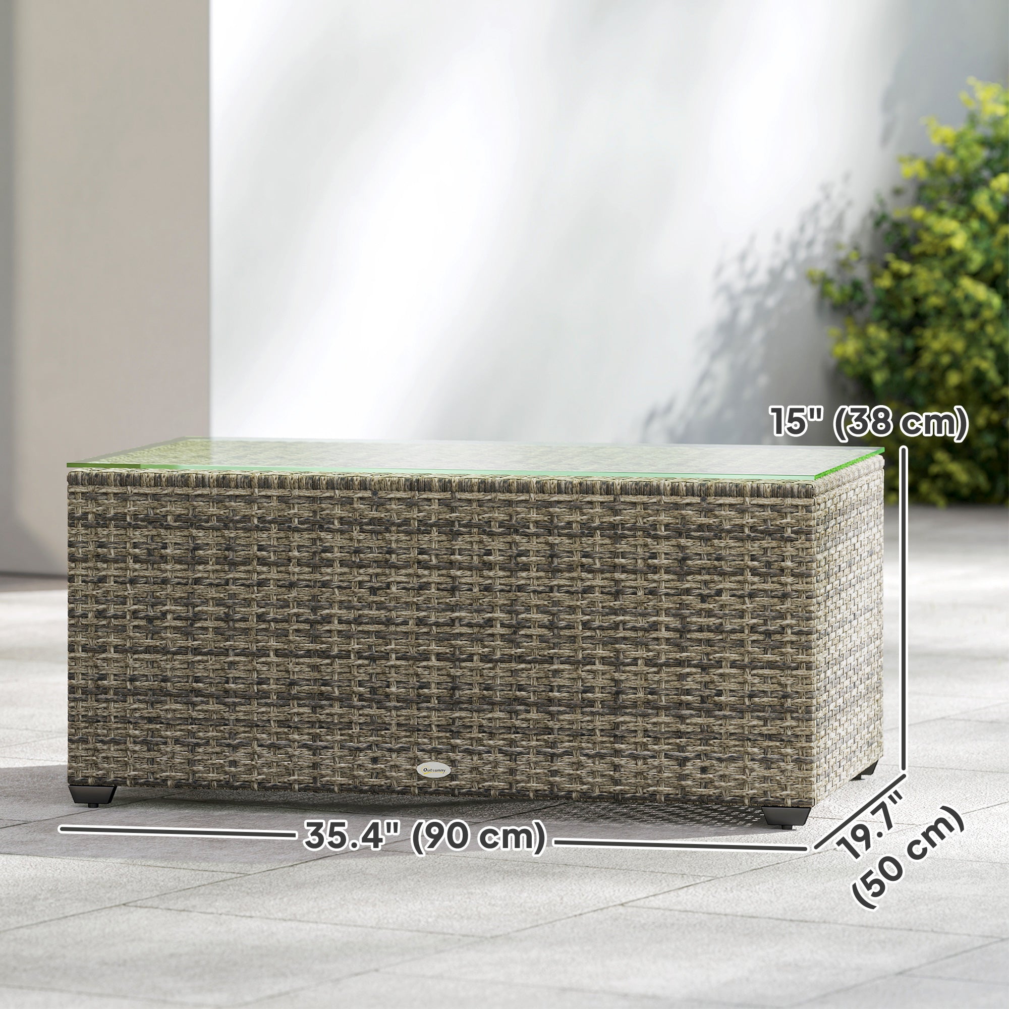 Wicker Outdoor Coffee Table, PE Wicker Rectangular Patio Table with Tempered Glass Top for Garden, Balcony, Dark Grey
