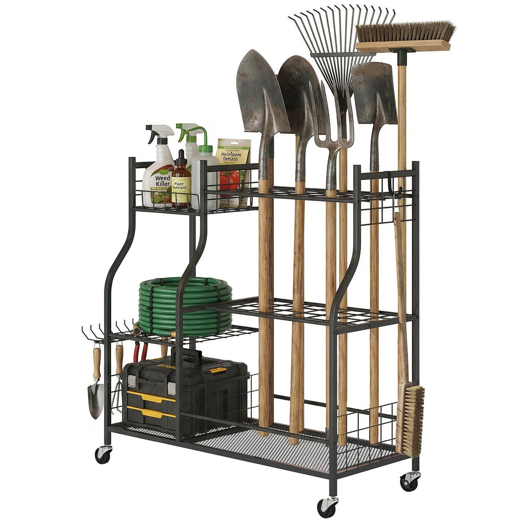 Garden Tool Organizer for Garage, 3-Tier Yard Tool Storage Rack with 32 Slots, 4 Wheels and 11 Hooks