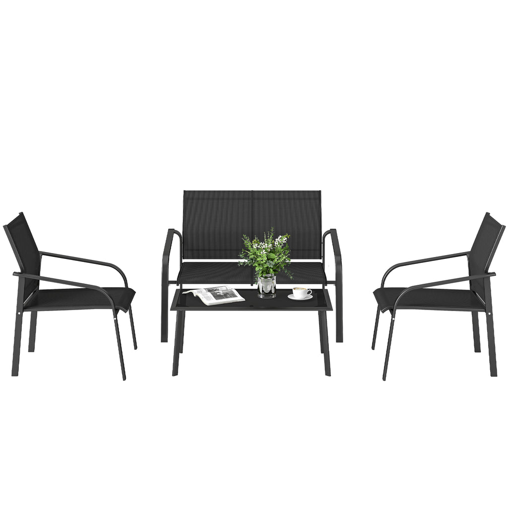 4 Piece Patio Furniture Set, Outdoor Conversation Set with Deep Seat, Loveseats, Armchairs, Glass-Top Table, Black