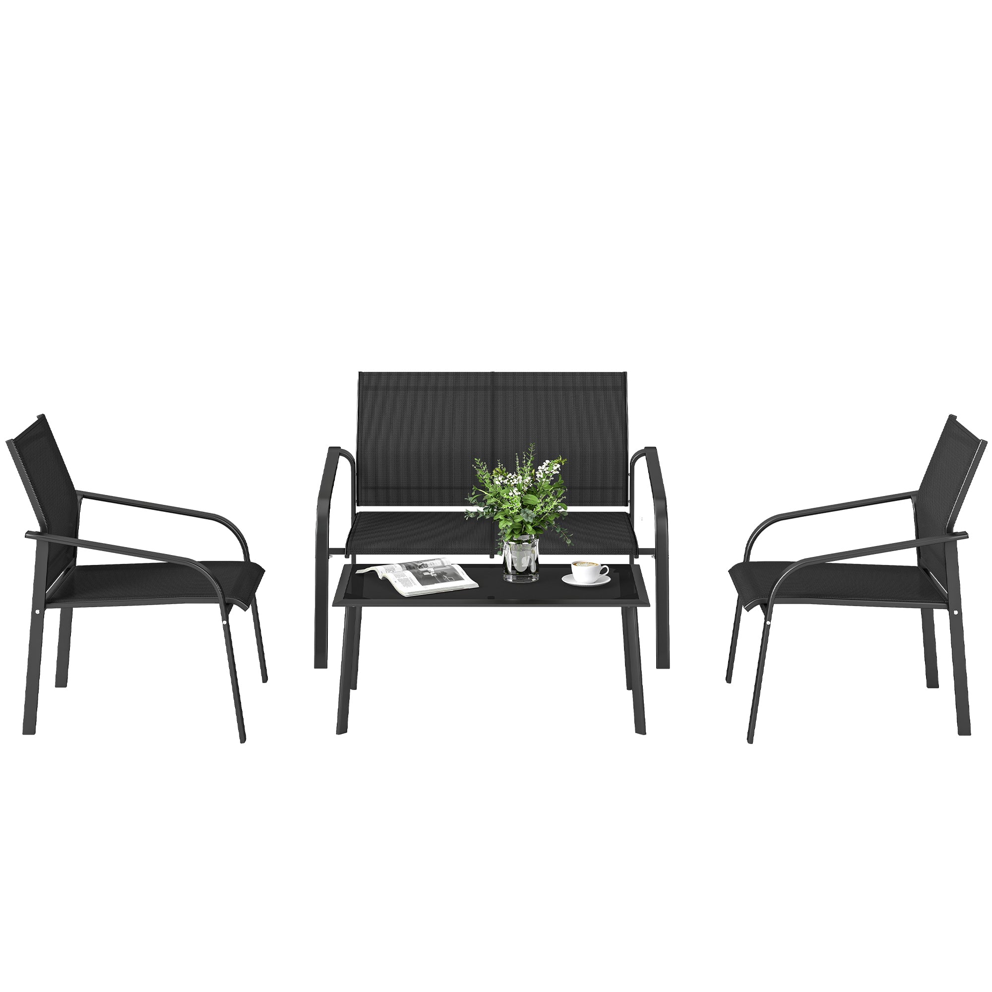 4 Piece Patio Furniture Set, Outdoor Conversation Set with Deep Seat, Loveseats, Armchairs, Glass-Top Table, Black