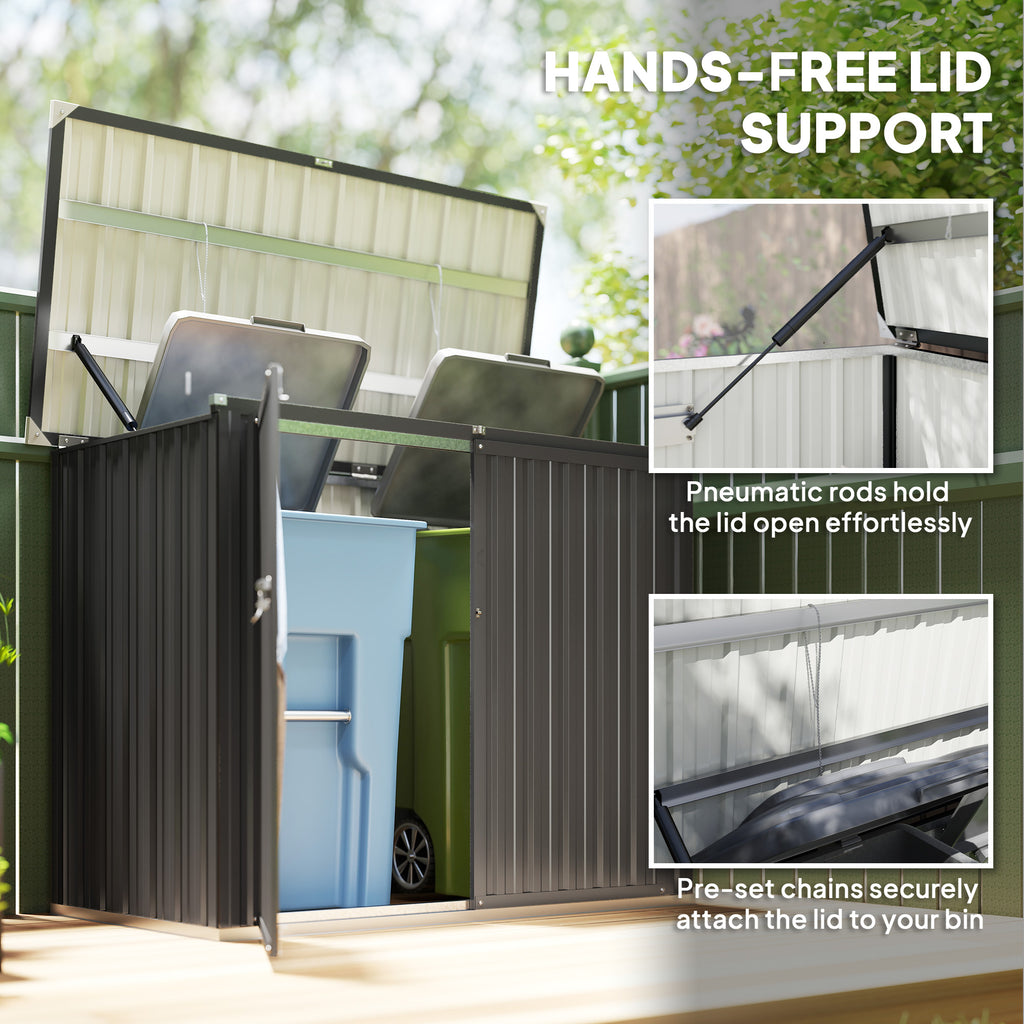 Outdoor Storage Shed Lockable Galvanized Steel Garbage Bin Shed Lift-up Lid for 2 Trash Cans