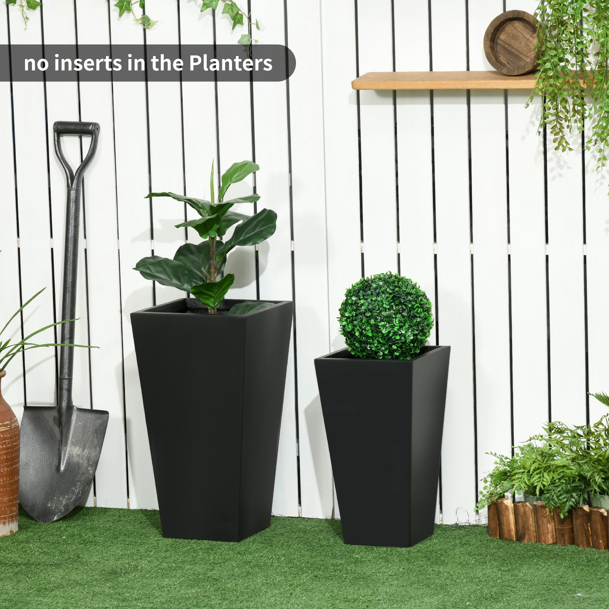 Set of 2 Tall Planters with Drainage Holes, 22" / 18" Outdoor Flower Pots for Patio, Yard, Garden, Black