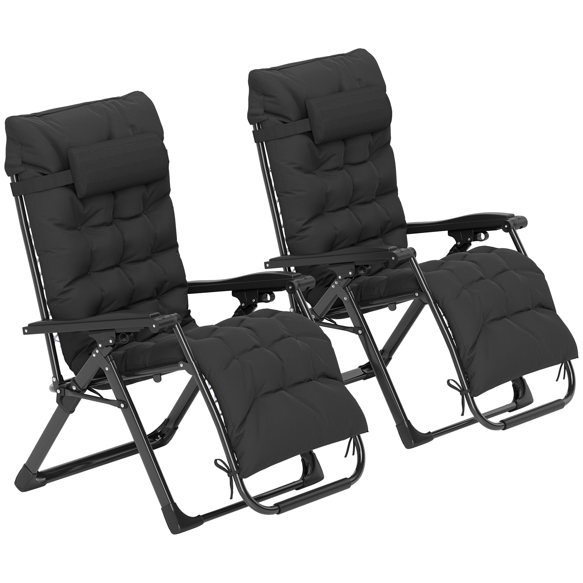 Folding Garden Chairs Set of 2, Reclining Zero Gravity Chair, Sun Lounger with Cushion and Headrest, Black