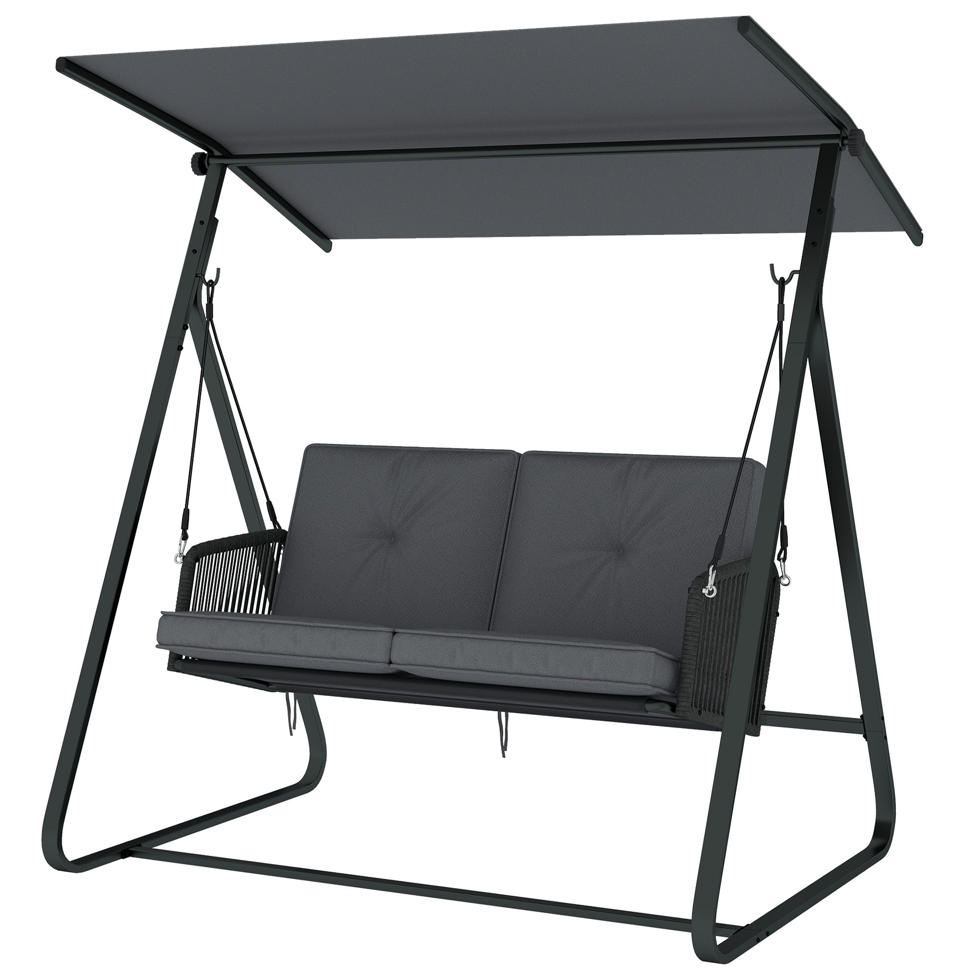 2-Person Outdoor Patio Porch Swing with Adjustable Canopy, Rattan Hanging Swing Bench with Soft Cushions
