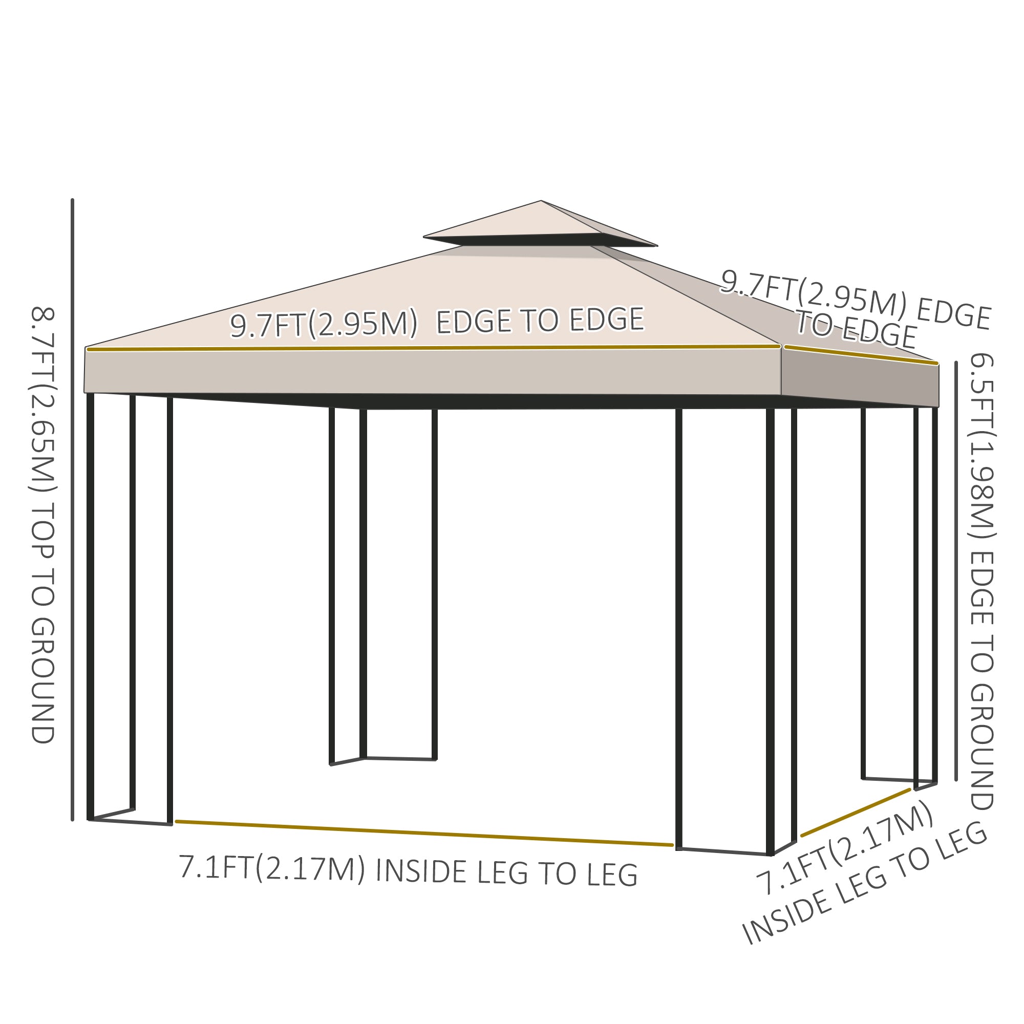 10' x 10' Patio Gazebo Outdoor, Canopy Shelter with Double-tier Roof, Pavilion Sidewalls for Garden Events, Cream White