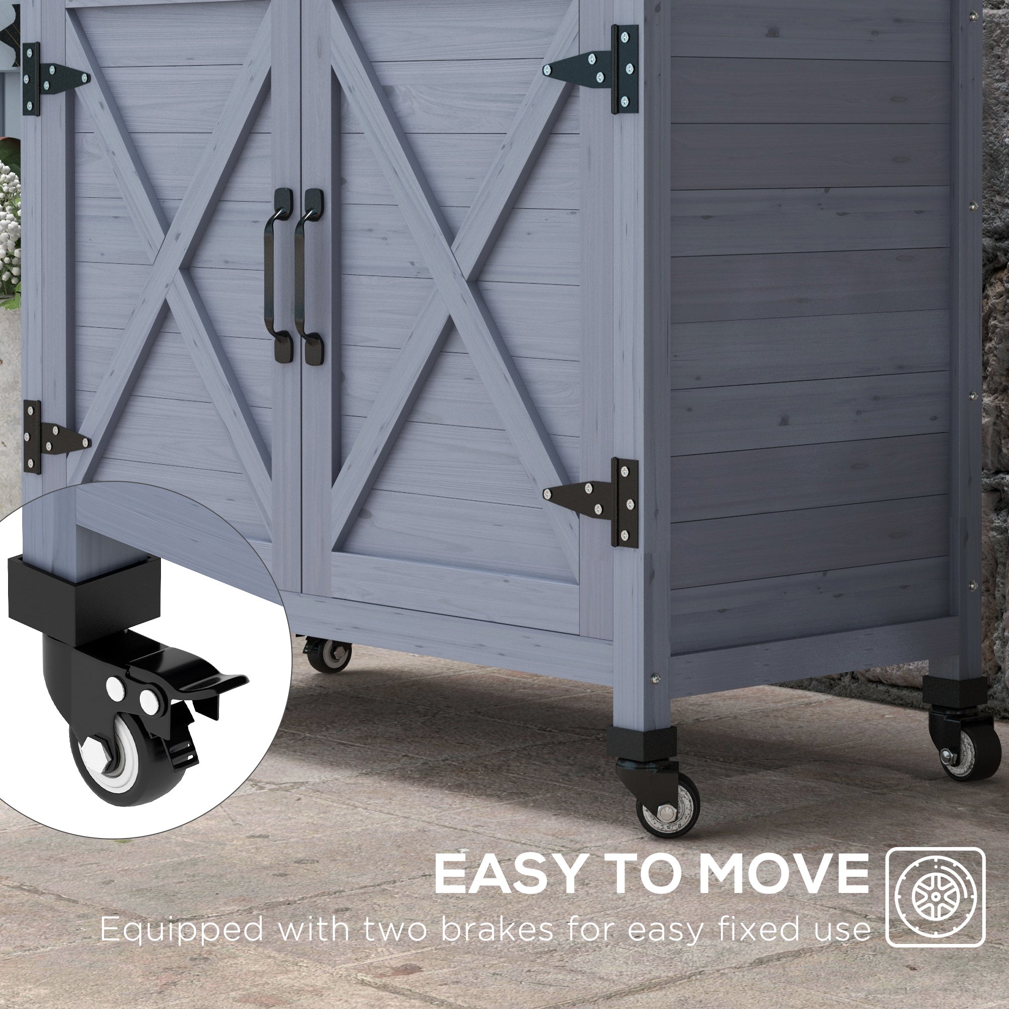 Outdoor Wooden Potting Bench with Storage Cabinet, Aluminum Tabletop, Rubber Wheels for Backyard, Patio, Balcony, Grey