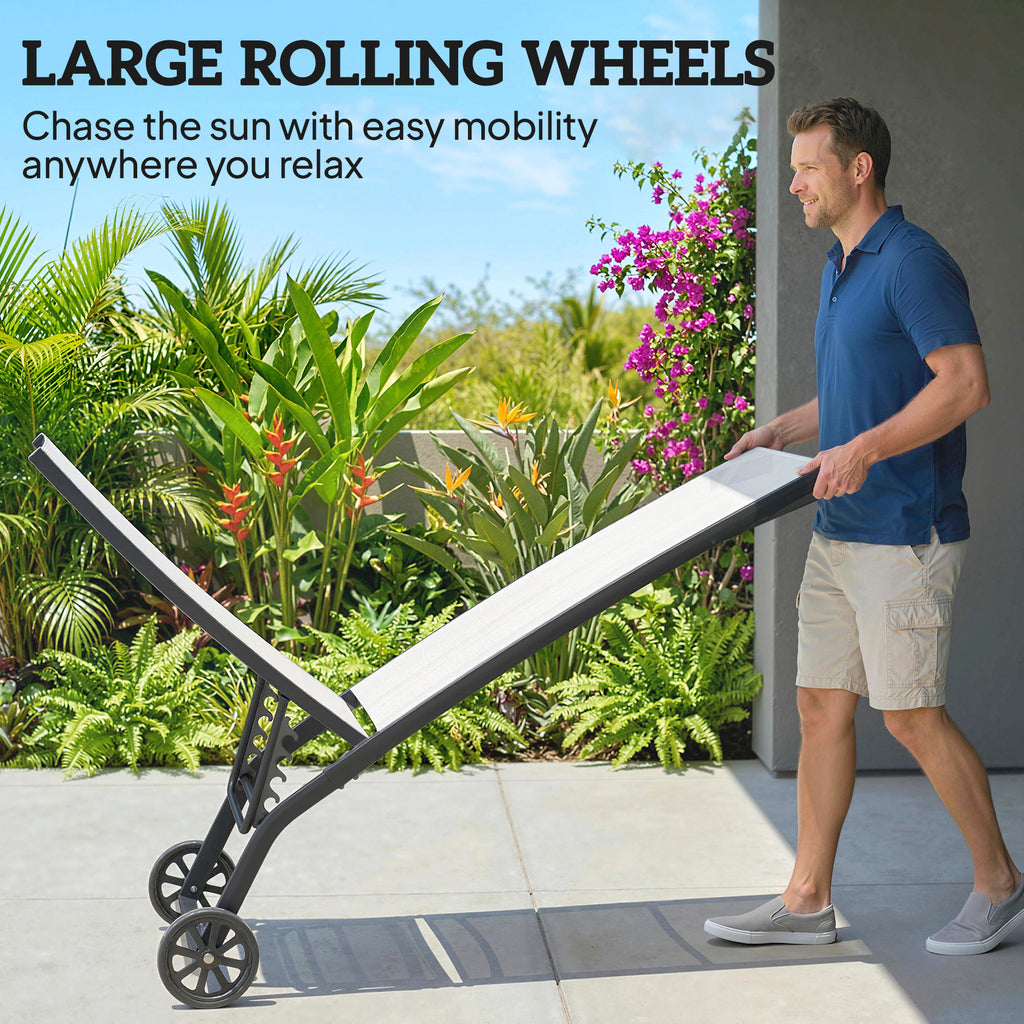 Outdoor Lounge Chair Set of 2, Tanning Chair with Wheels, Breathable Mesh for Patio, Backyard, Poolside, Cream White