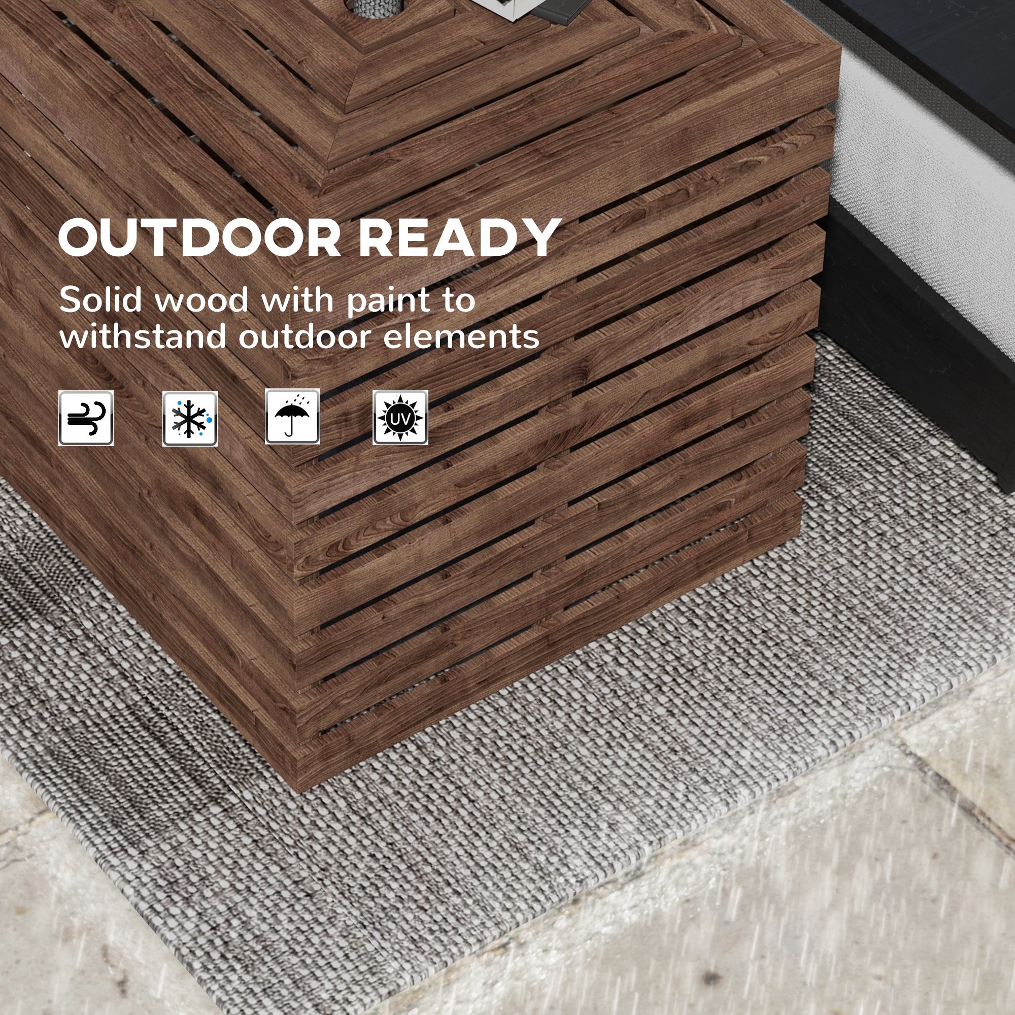2-in-1 Outdoor Umbrella Base Storage Box Wooden Patio Side Table, Brown