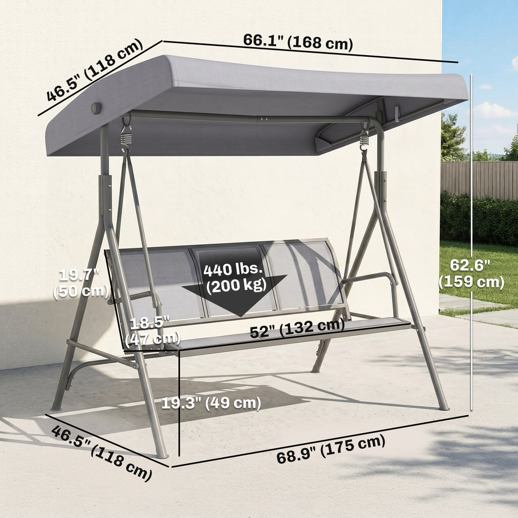 3-Seater Swing Chair Covered Garden Hammock A-Frame Outdoor Porch Glider Sling Seat with Adjustable Canopy Cover, Grey