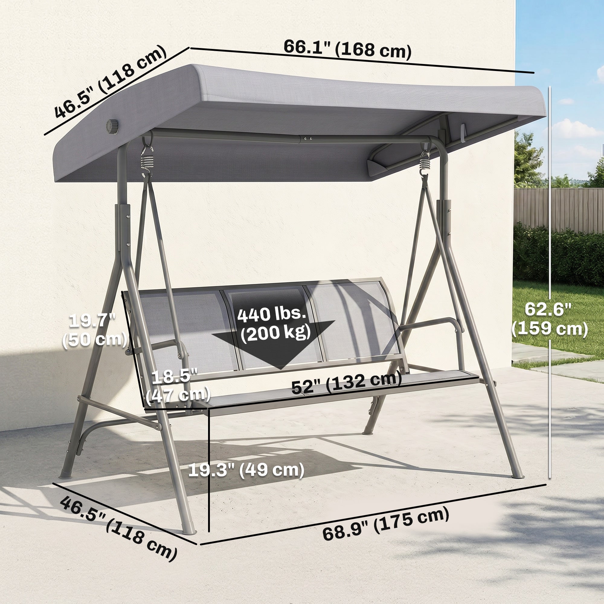 3-Seater Swing Chair Covered Garden Hammock A-Frame Outdoor Porch Glider Sling Seat with Adjustable Canopy Cover, Grey