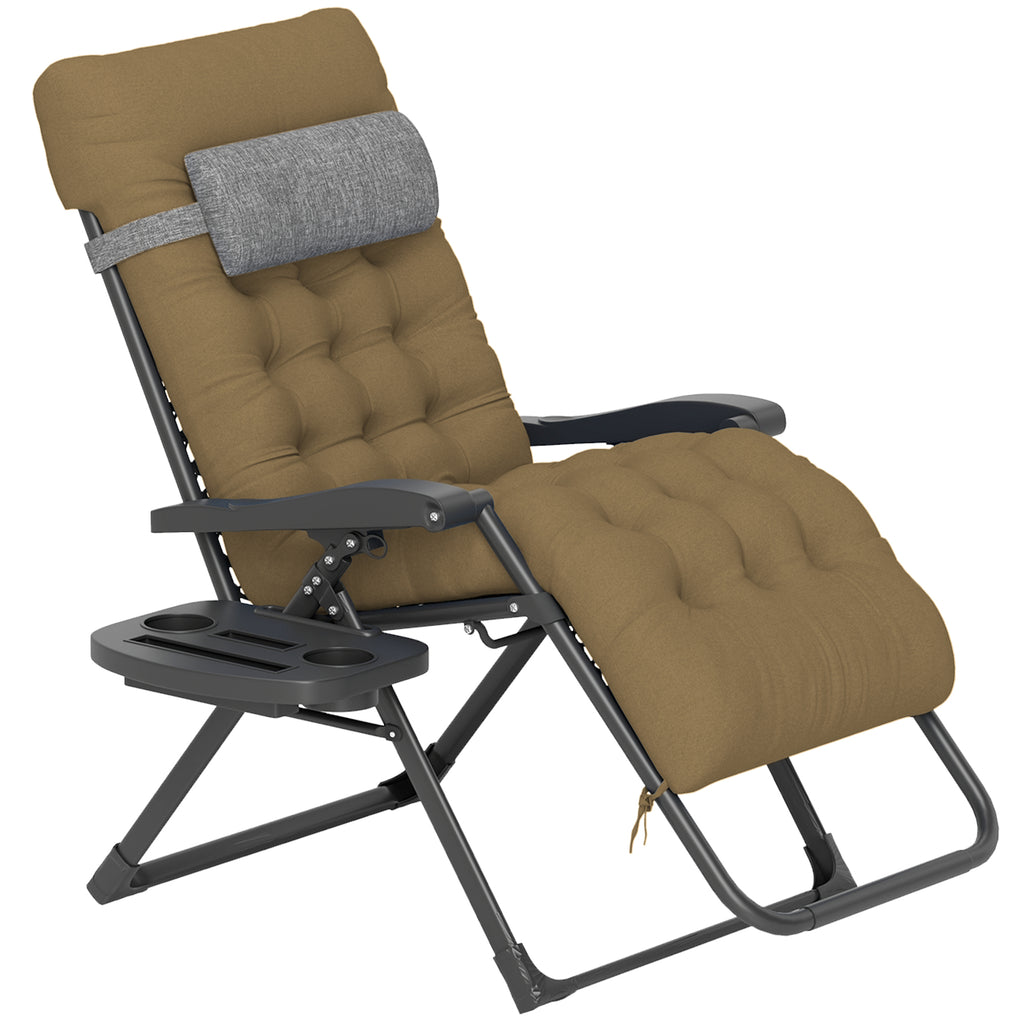 Padded Folding Recliner Chair, Patio Lounger with Cupholder, Adjustable Backrest, Removable Cushion, Light Khaki