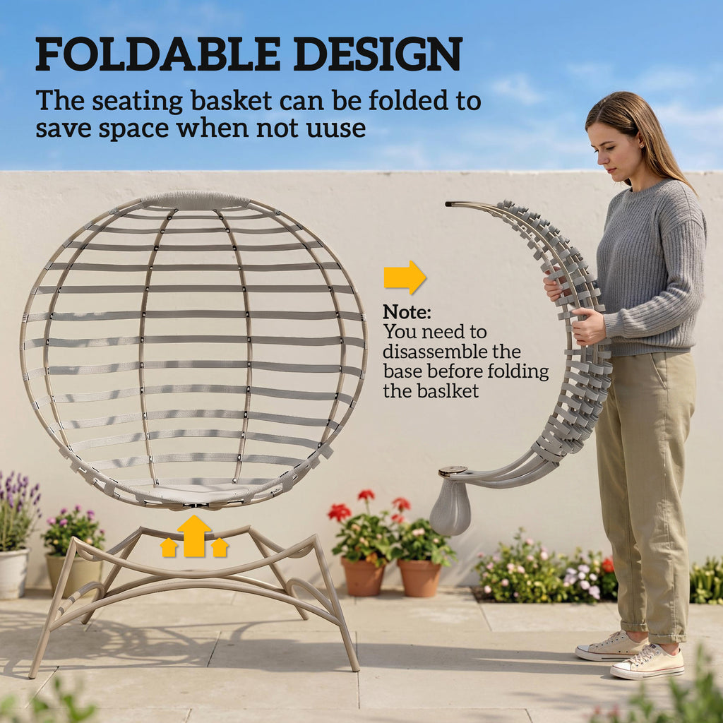 Egg Chair, Patio Lounge Chair, Foldable Basket Chair with Large Seat Cushion, Side Pocket, Light Grey
