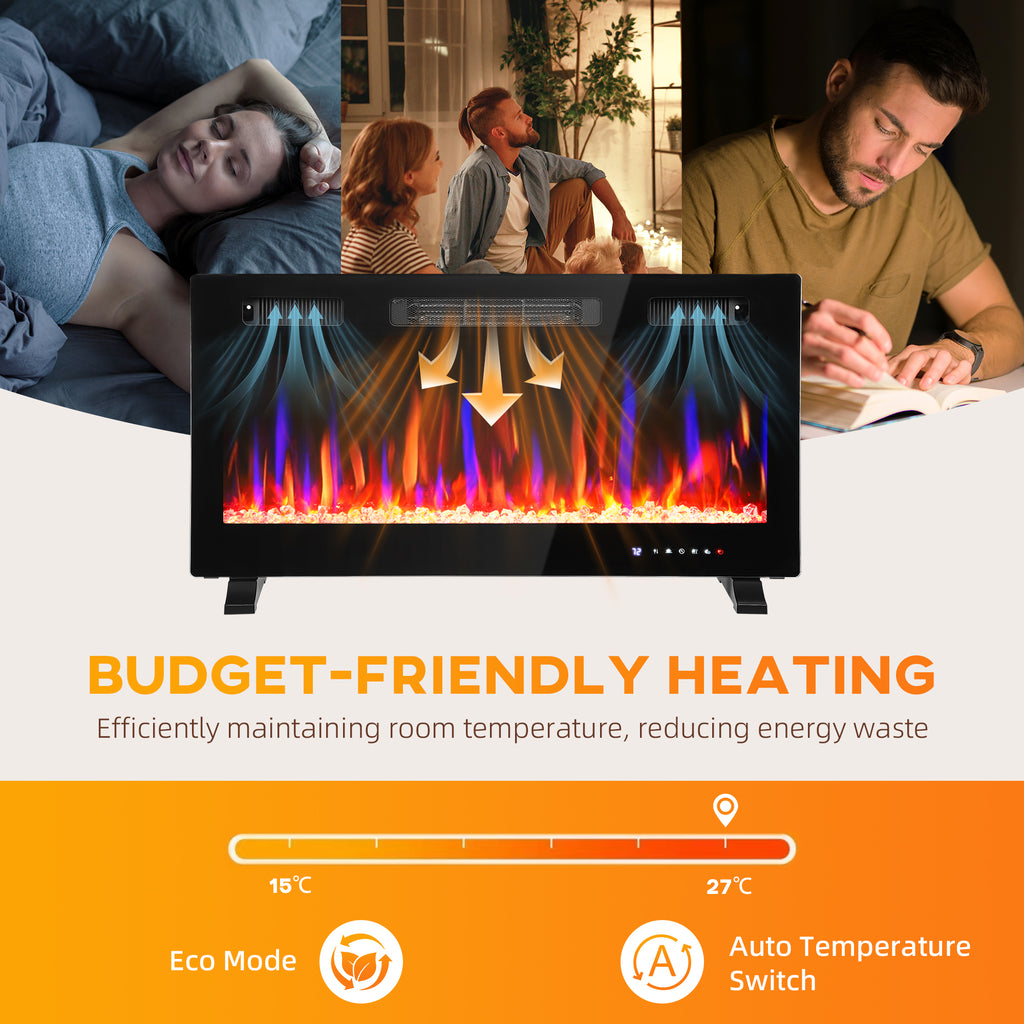 36" Thin Electric Fireplace, Freestanding, Wall Mounted Fireplace Heater with Eco Mode, Auto Switch, Remote, 1500W
