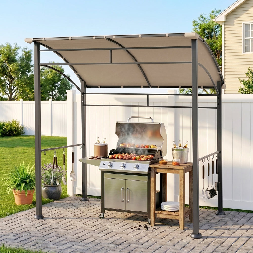 7' x 5' BBQ Grill Gazebo Tent, Garden Grill Canopy with Steel Frame and Hooks, Outdoor Sun Shade, Khaki