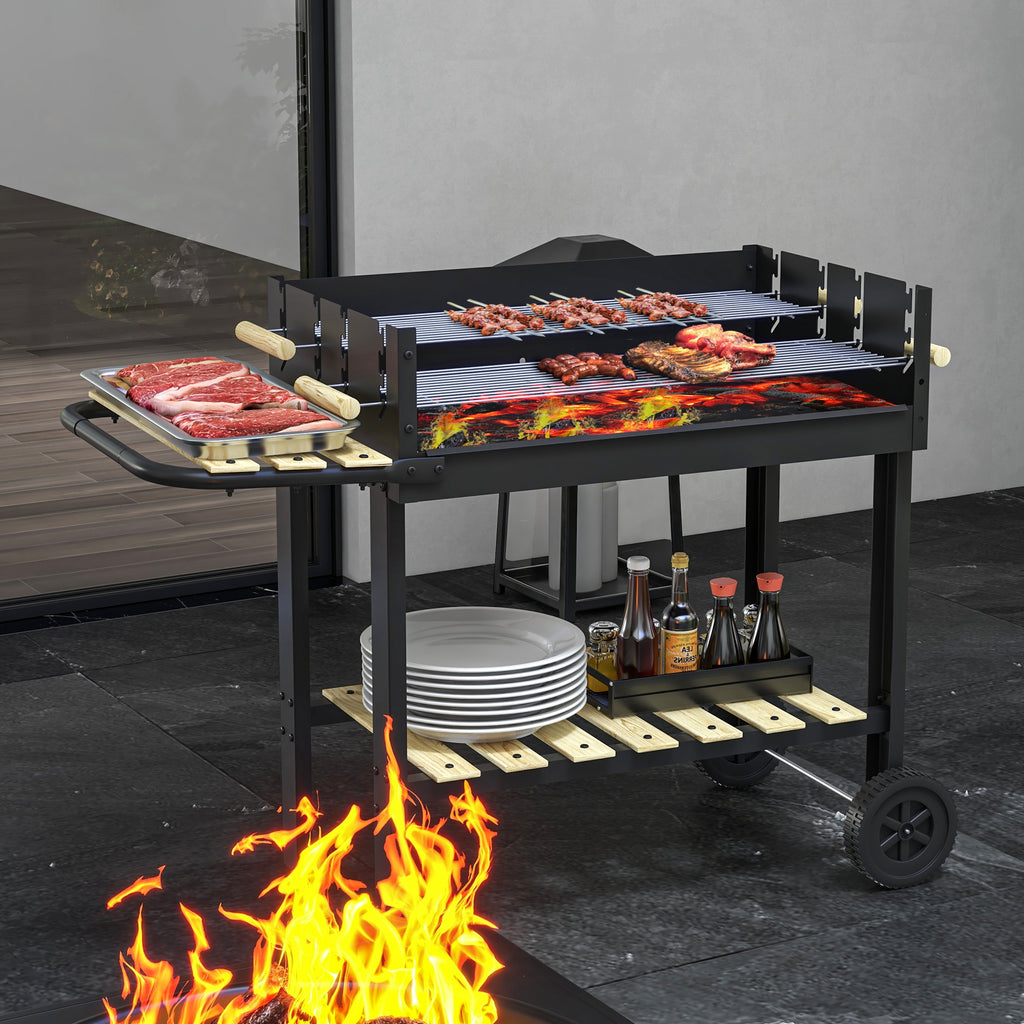 Charcoal Grill,BarbecueÂ Trolley with Double Adjustable Grill, Side Table, Storage Shelf and Wheels, Black