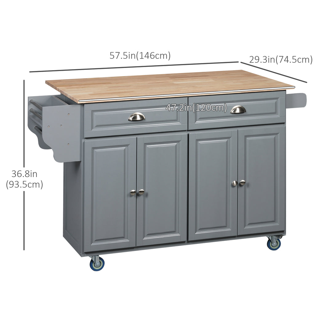 Kitchen Island with Storage, Rolling Kitchen Island with Drop Leaf, Rubber Wood Top and Adjustable Shelves, Grey
