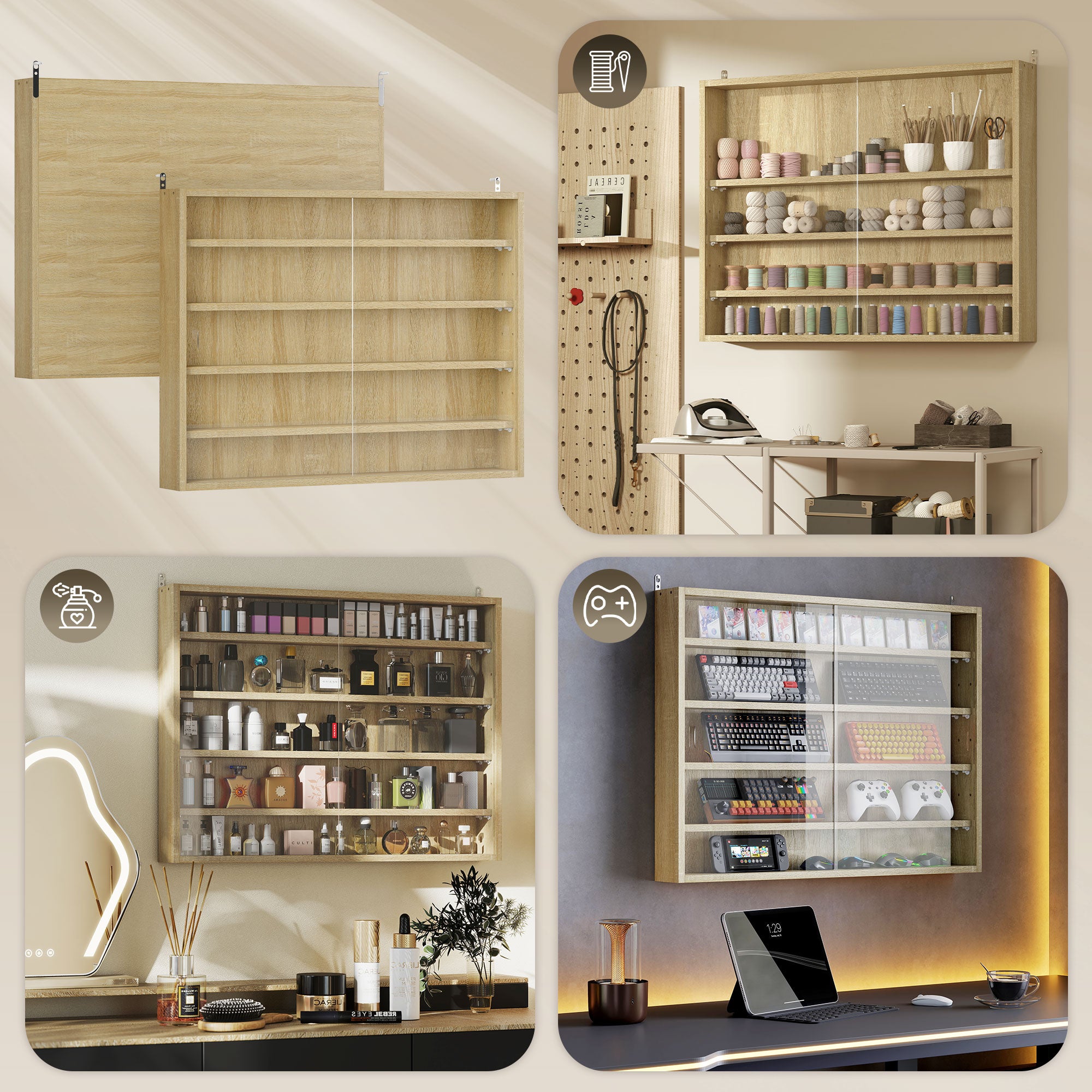 5-storey Display Cabinet, Shot Glass Display Case, Glass Curio Cabinet with 2 Glass Doors and 4 Adjustable Shelves, Oak