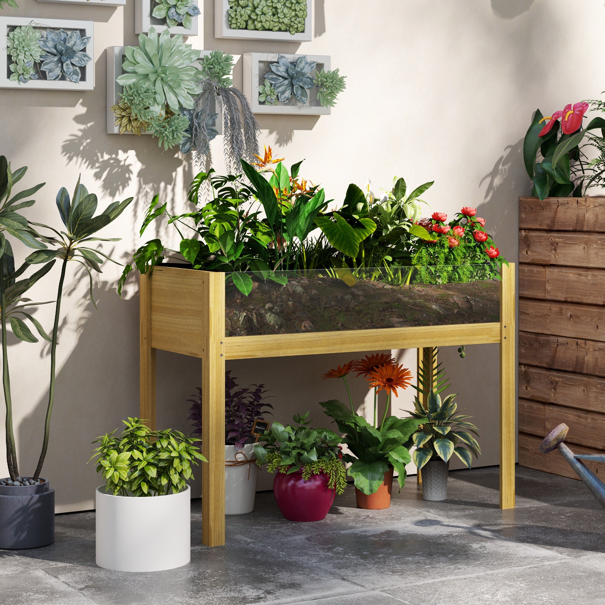 Wooden Raised Garden Bed with Acrylic Panels, Raised Planter Box with Drainage Holes, 43.3" x 19.7" x 31.5"