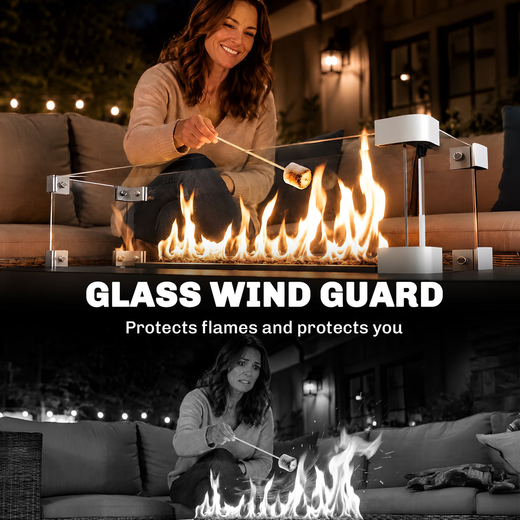 Propane Gas Fire Pit Table, Outdoor Firepit with 43" Steel Tabletop and Lid, 50,000 BTU Pulse Ignition Fire Table w/ Stainless Steel Burner, Glass Wind Guard, and Cover