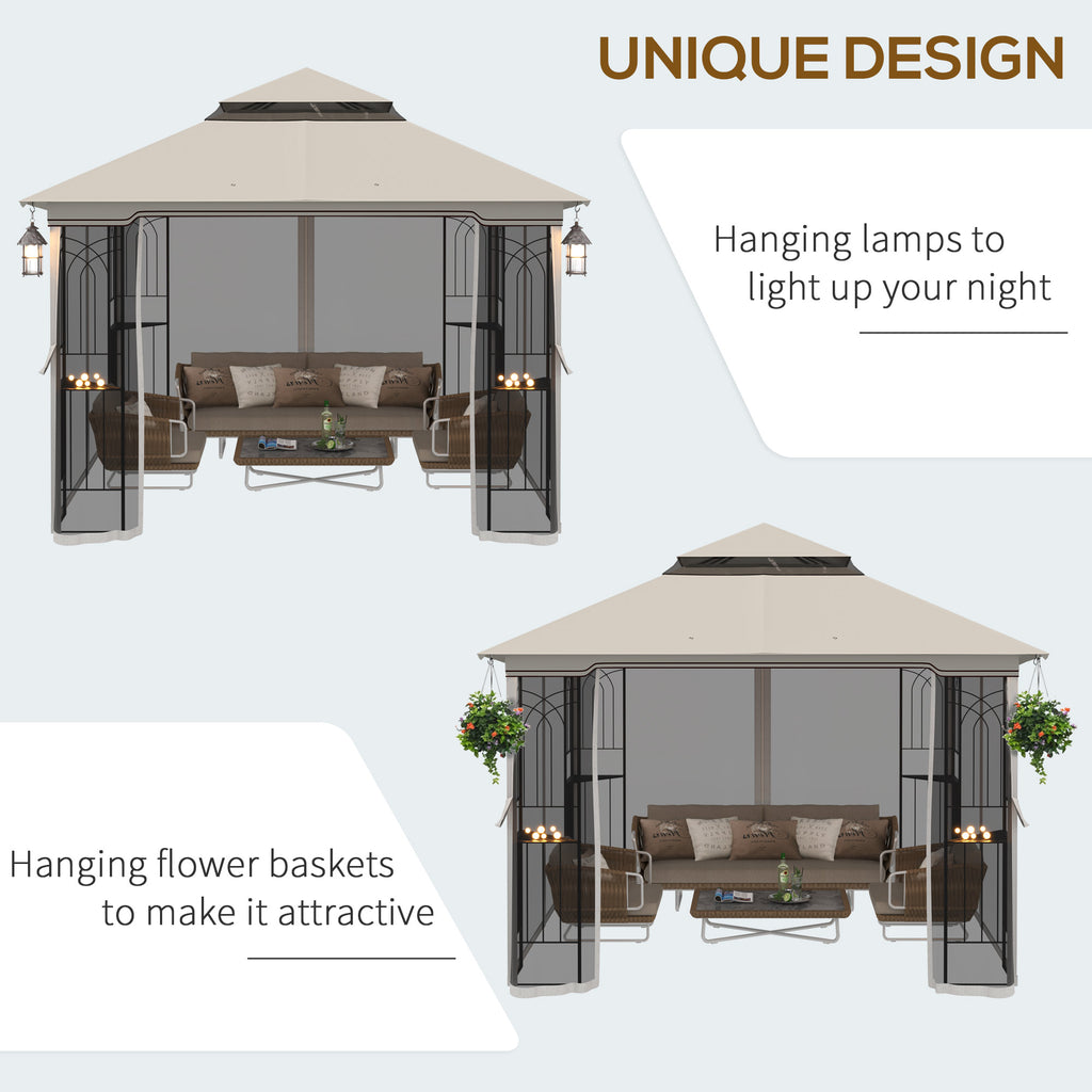 10'x10' Soft-top Patio Gazebo with Double Tier Roof, Mesh Curtains, Display Shelves, Top Hooks, Beige