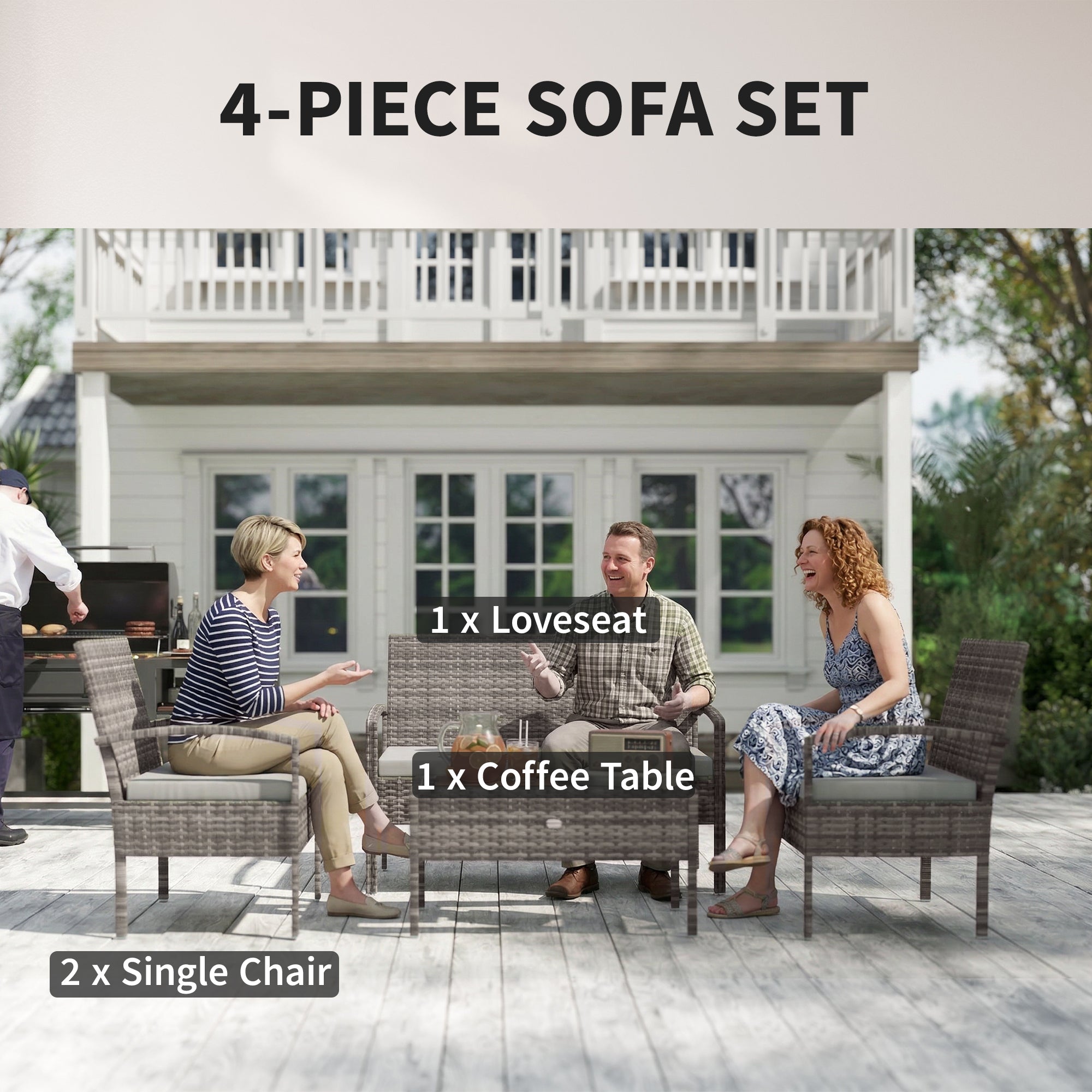 4 Pieces Patio Furniture Set with A Loveseat, Two Armchairs and A Coffee Table, Outdoor Conversation Set, Light Grey
