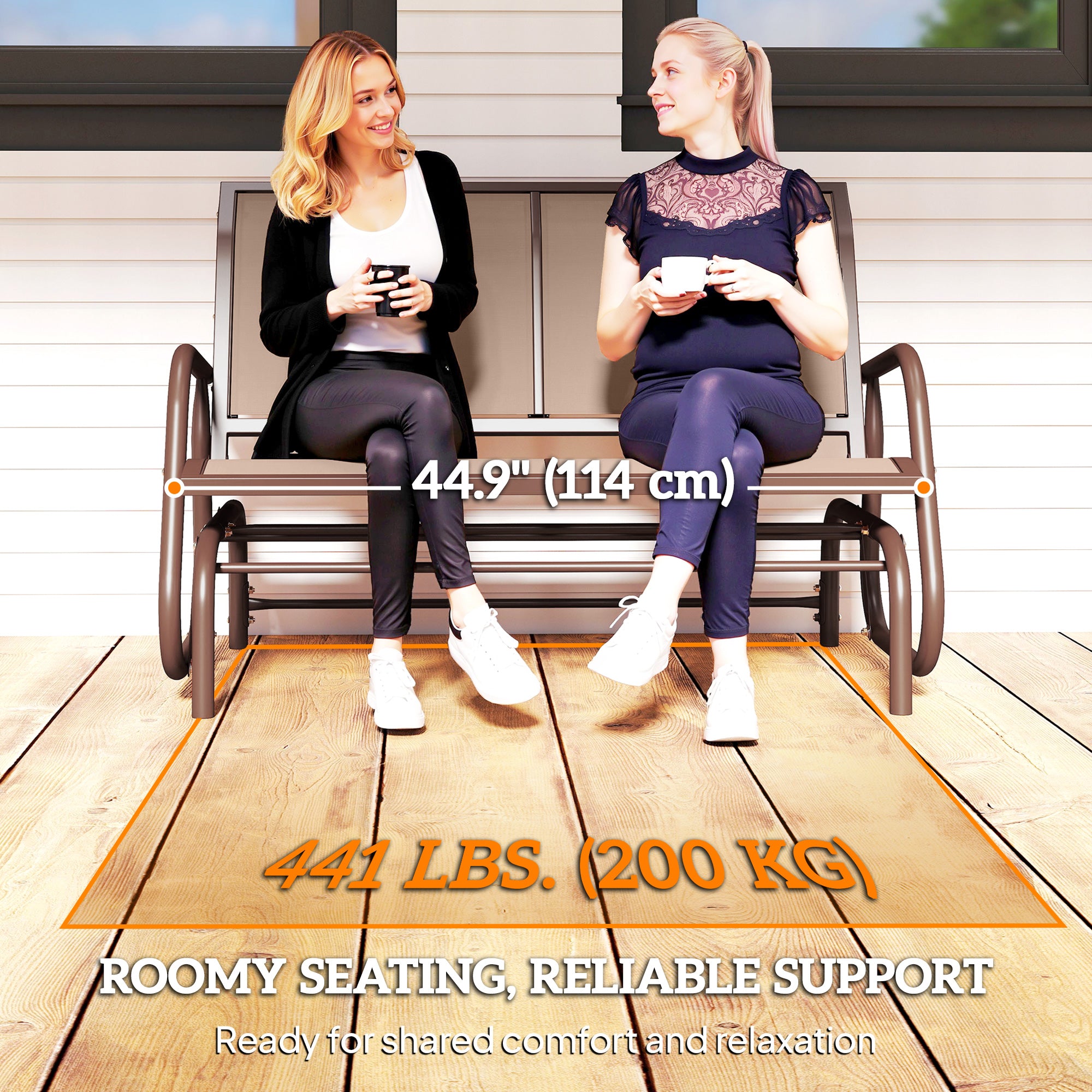 Outdoor Glider Bench, 2 Person Patio Glider Chair, Gliding Outdoor Garden Loveseat Swing Bench with Breathable Mesh Fabric, Steel Frame for Backyard, Porch, Coffee Brown