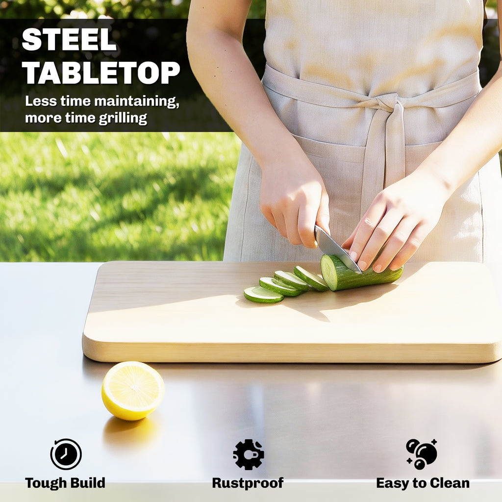 Outdoor Grill Cart with Stainless Steel Tabletop, Pizza Oven Stand with Shelf, Lockable Wheels, Rolling BBQ Table