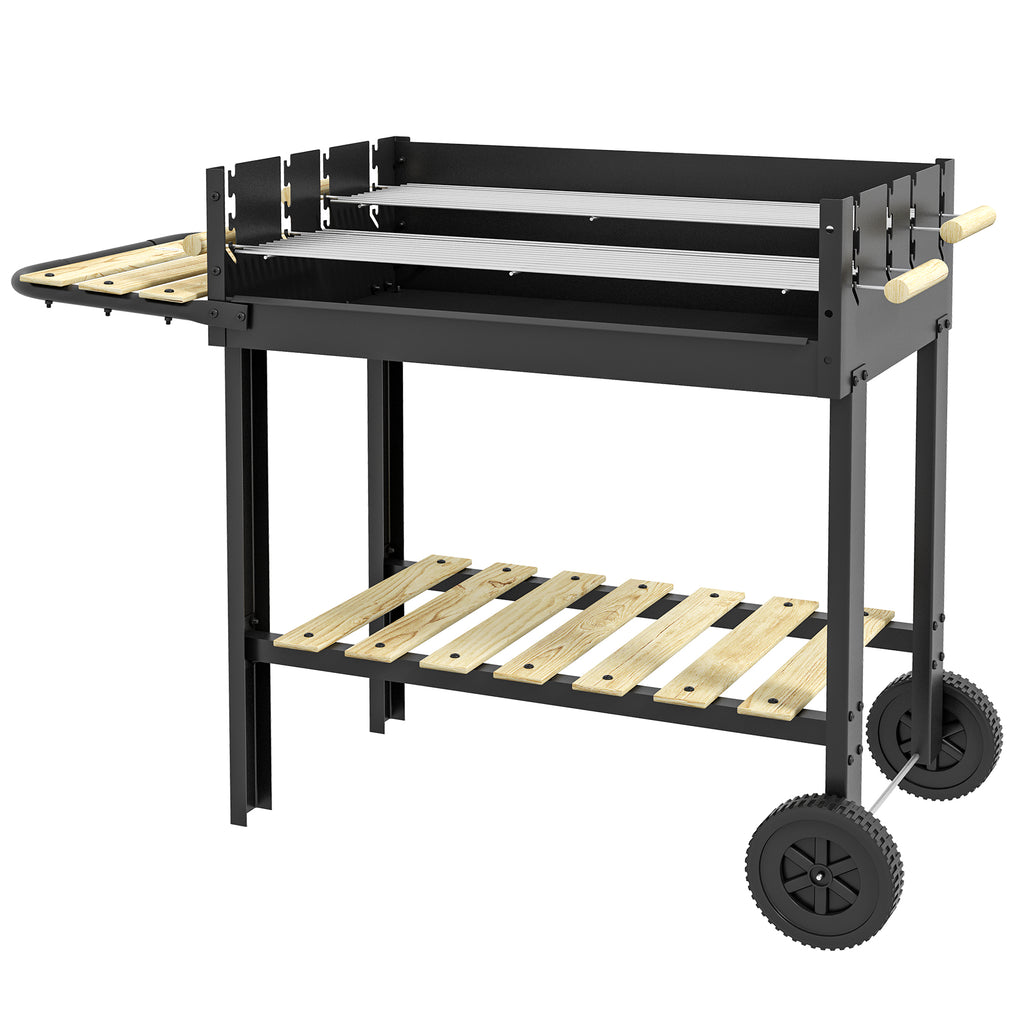 Charcoal Grill,BarbecueÂ Trolley with Double Adjustable Grill, Side Table, Storage Shelf and Wheels, Black