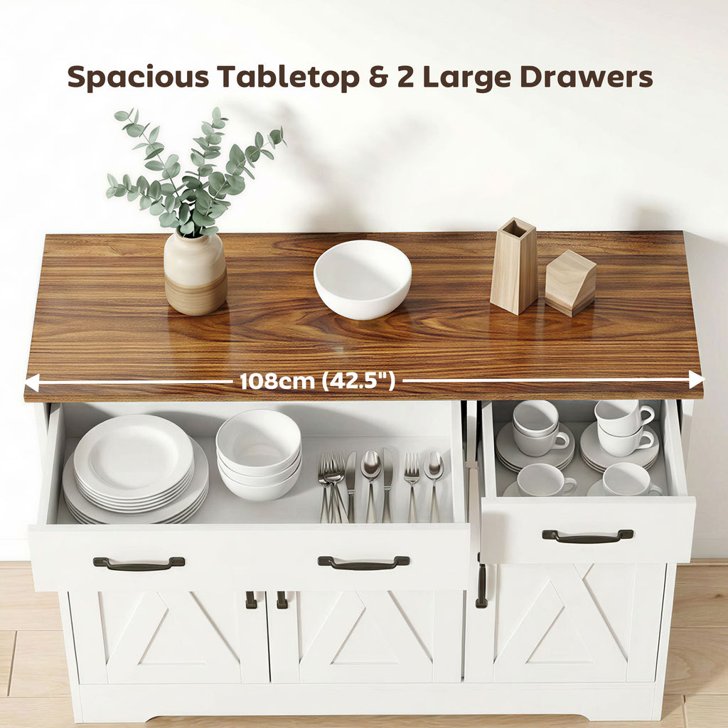 Sideboard Buffet Cabinet, 43" Farmhouse Kitchen Cabinet with 3 Barn Doors, 2 Drawers, 2 Adjustable Shelves, White