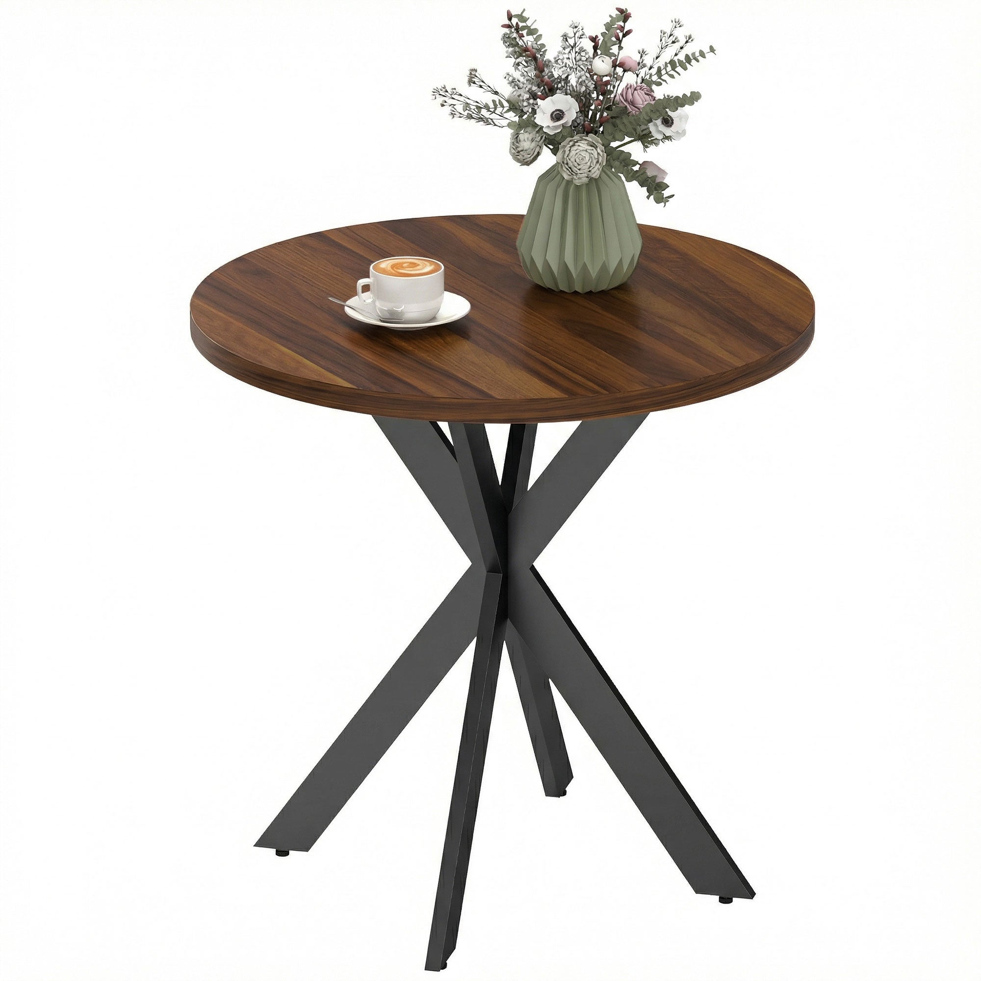 29" Dining Table, Contemporary Round Kitchen Table with Steel Legs, Walnut