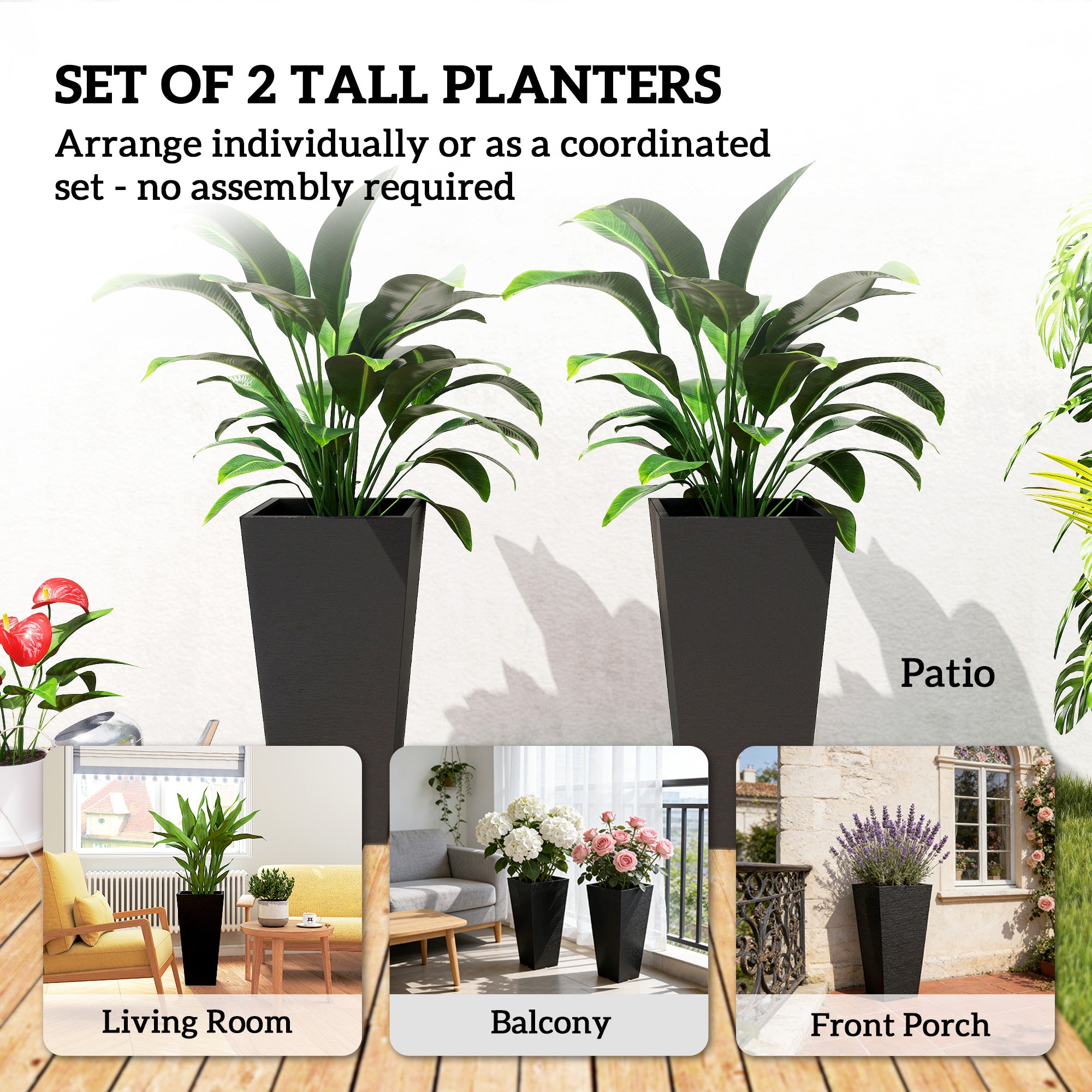 23" Tall Planters Set of 2, Indoor Outdoor Stackable Taper Planters with Marble Finish and Drainage Holes, Black