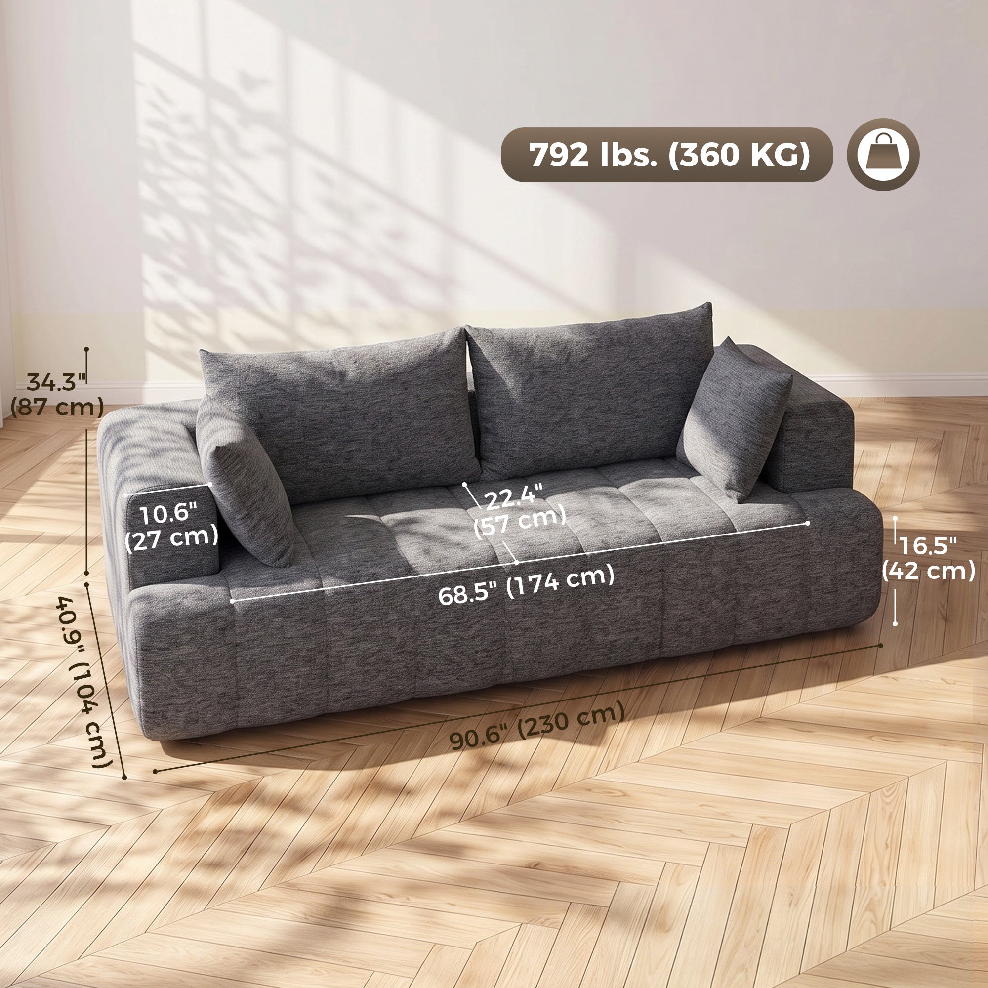 3 Seater Sofa, Chenille Boneless Cloud Couch with Thick Spring Cushion, Wide and Deep Seat, Wide Armrests, Grey