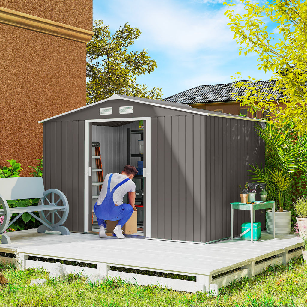 9x6 Galvanized Steel Ventilated Garden Storage Shed with Double Doors, Foundation Kit, Grey