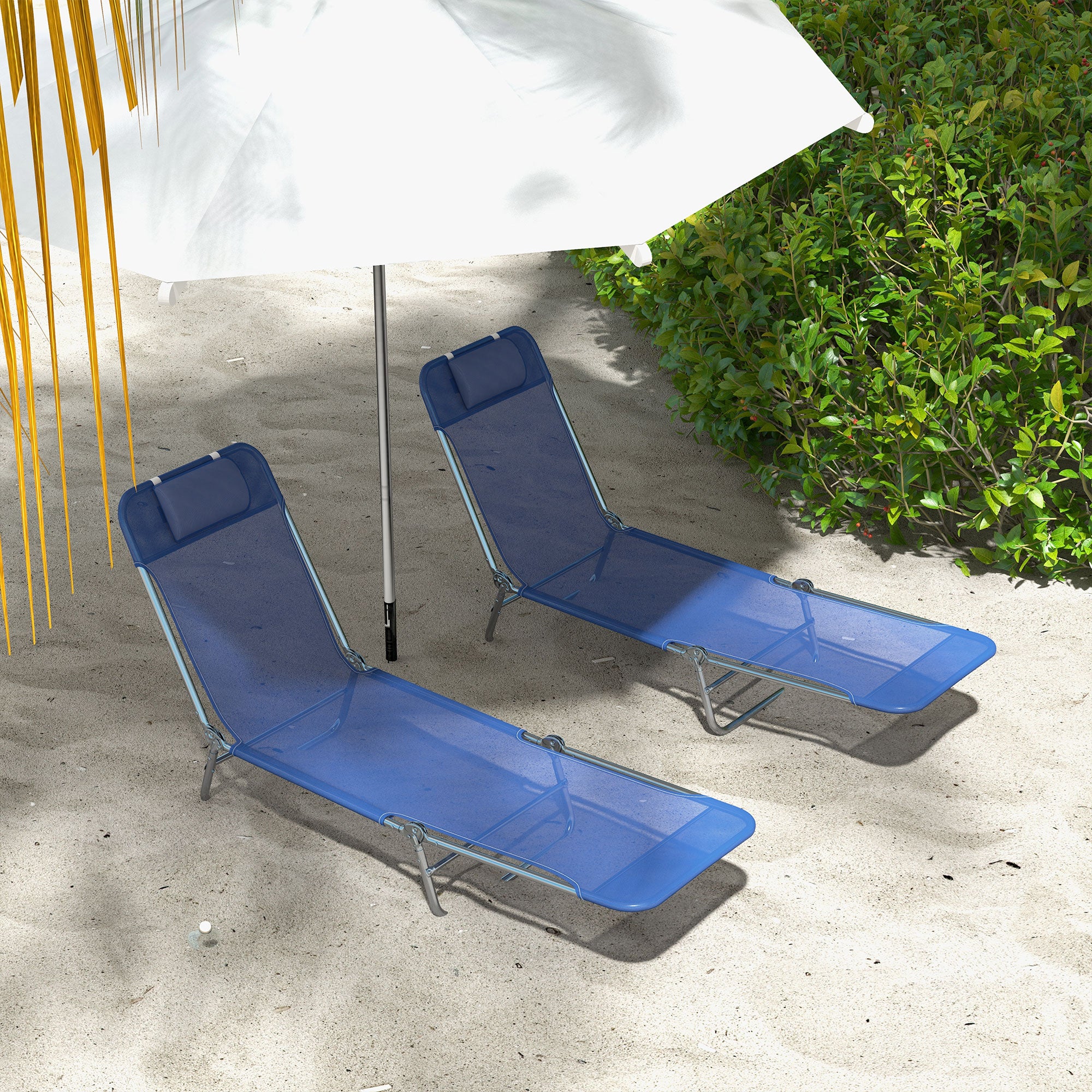 Set of 2 Folding Chaise Lounge Chairs, Outdoor Poolside Sun Tanning Chairs w/ Pillow, Reclining Backrest, Dark Blue