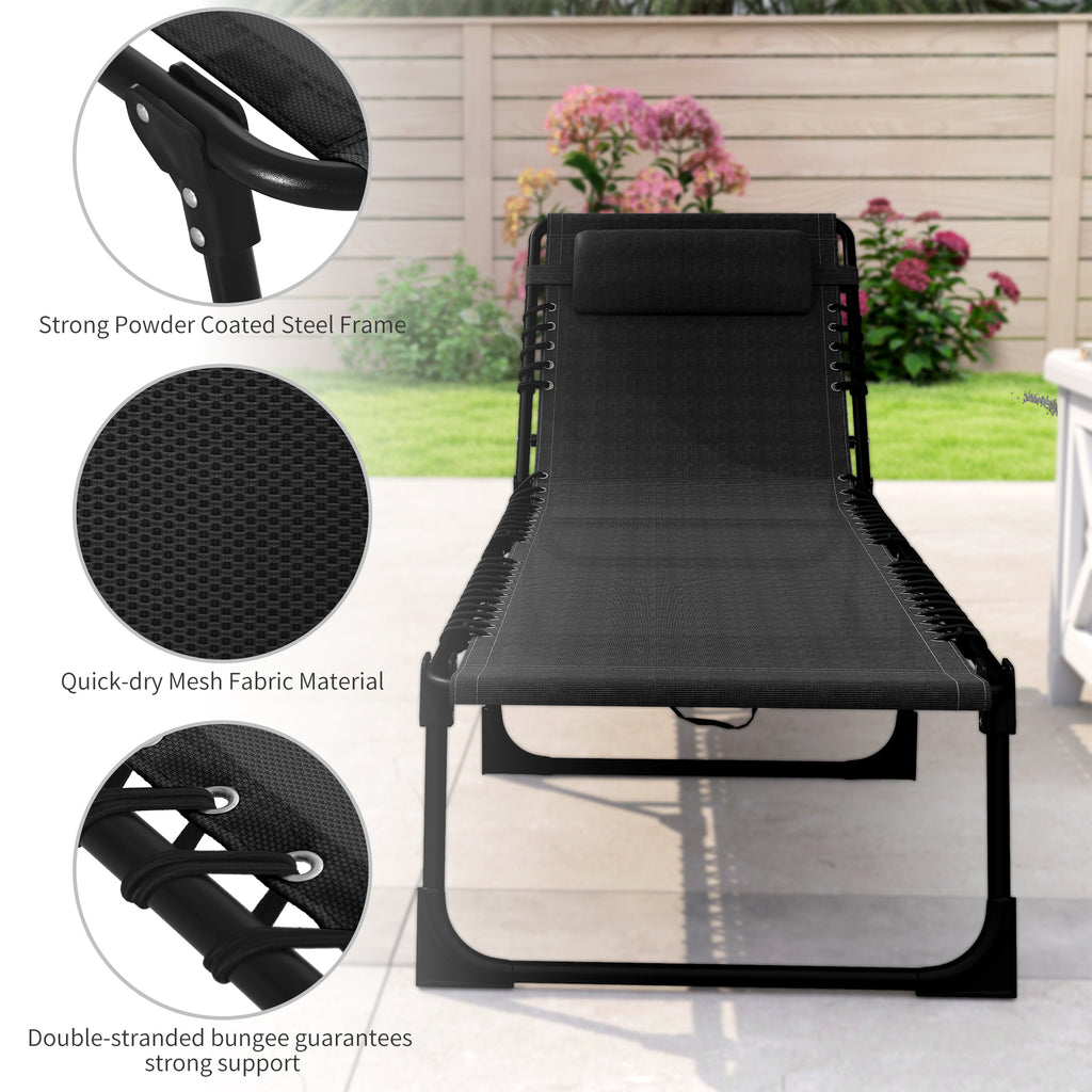 Outdoor Folding Lounge Chair, 4-Level Adjustable Chaise Lounge with Headrest, Tanning Chair Beach Bed Reclining Lounger Cot for Camping, Hiking, Backyard, Black