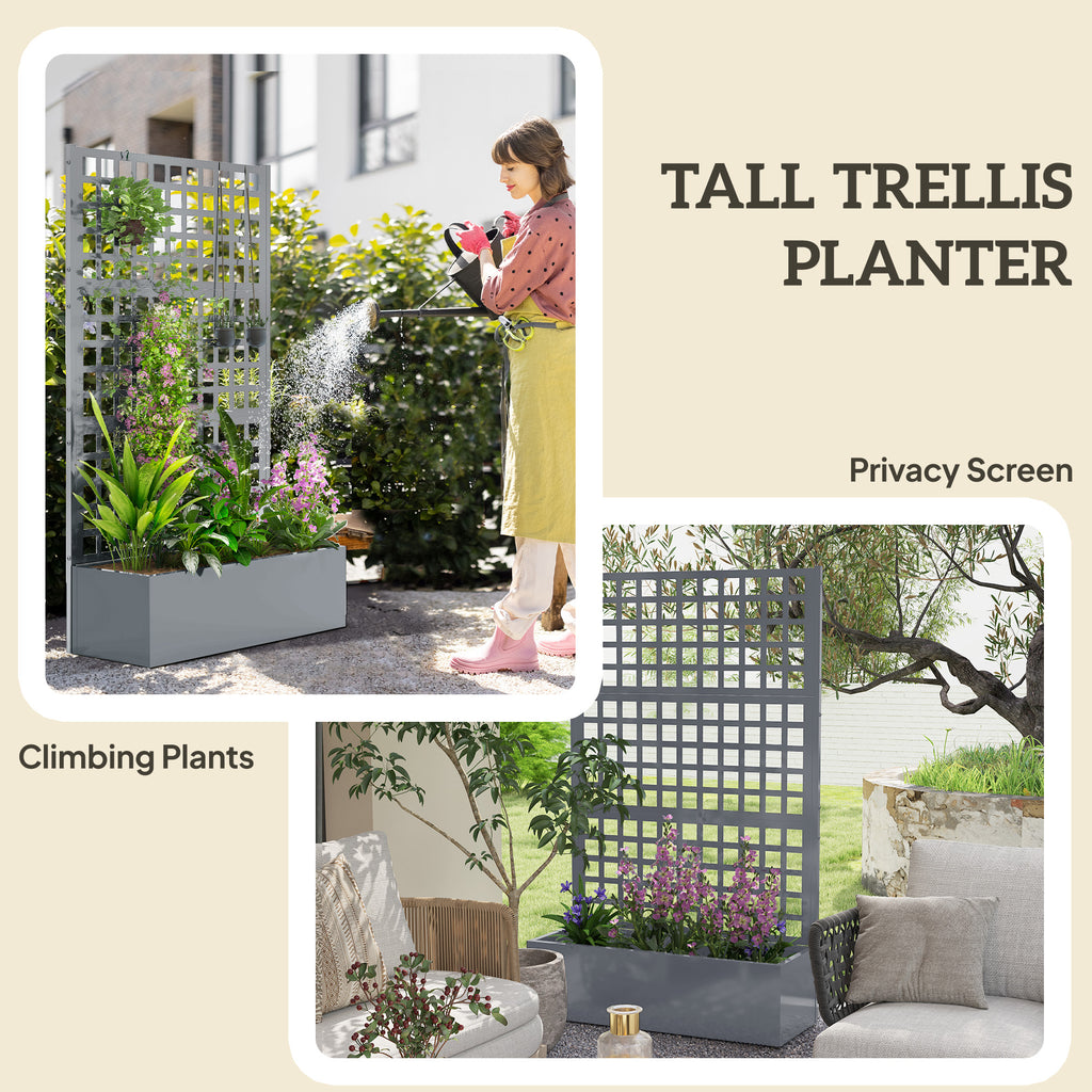 Galvanized Raised Garden Bed Planter Box with Trellis for Climbing Plant Vegetable Vine, 43"x16"x70", Grey Wood Effect