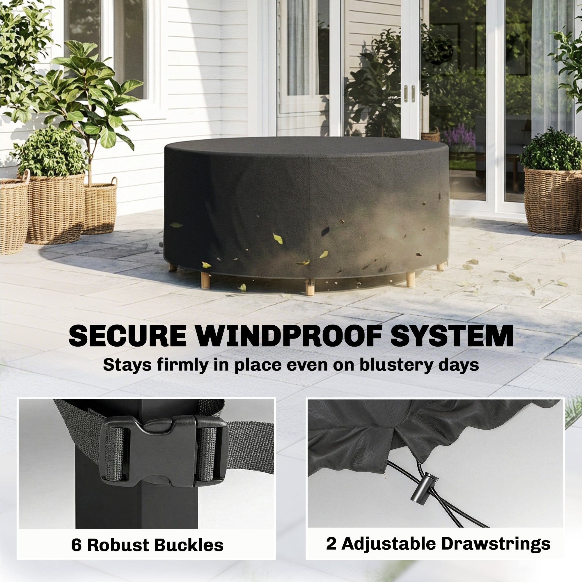 Heavy Duty Outdoor Patio Furniture Cover, Waterproof Round Table Cover for Weather Protection 84.3" Dia. x 27.6"H, Black